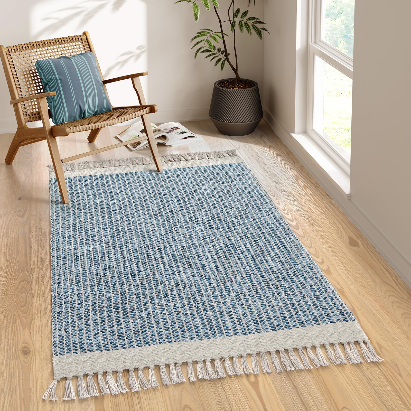 Lahome Boho Bedroom Rug, 3x5 Blue Office Rug Lightweight Bath Door Mats Indoor Woven Entry Rugs with Tassels, Non Shedding Washable Throw Farmhouse Carpet for Living Room Camper RV 3' x 5' (