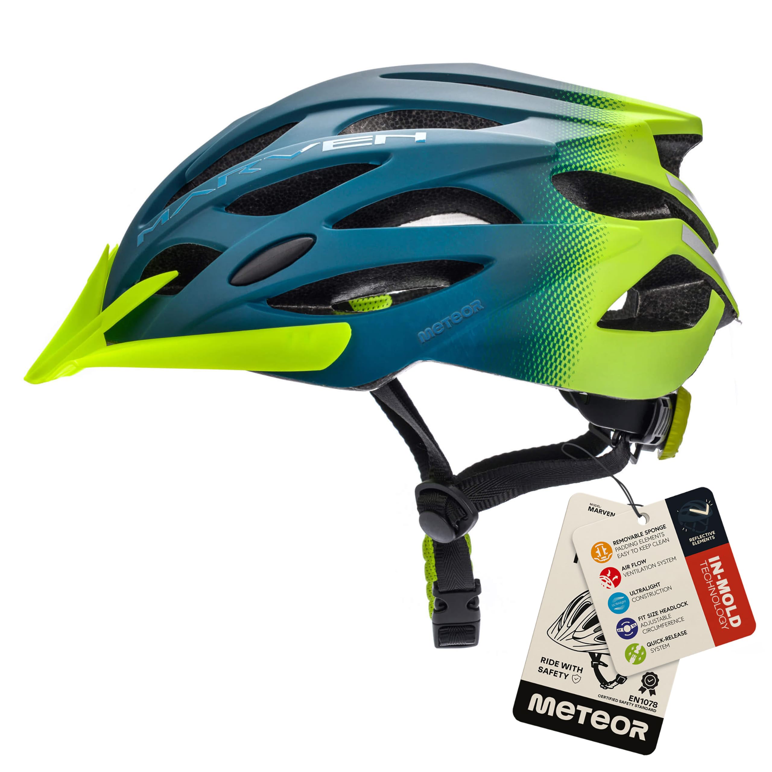 Meteor - MARVEN Cycle Helmet – Lightweight Adjustable Helmet for Men, Women, Kids – MTB, Bike, Scooter, Skateboard & Hoverboard – Breathable with Detachable Visor - Size M - Green