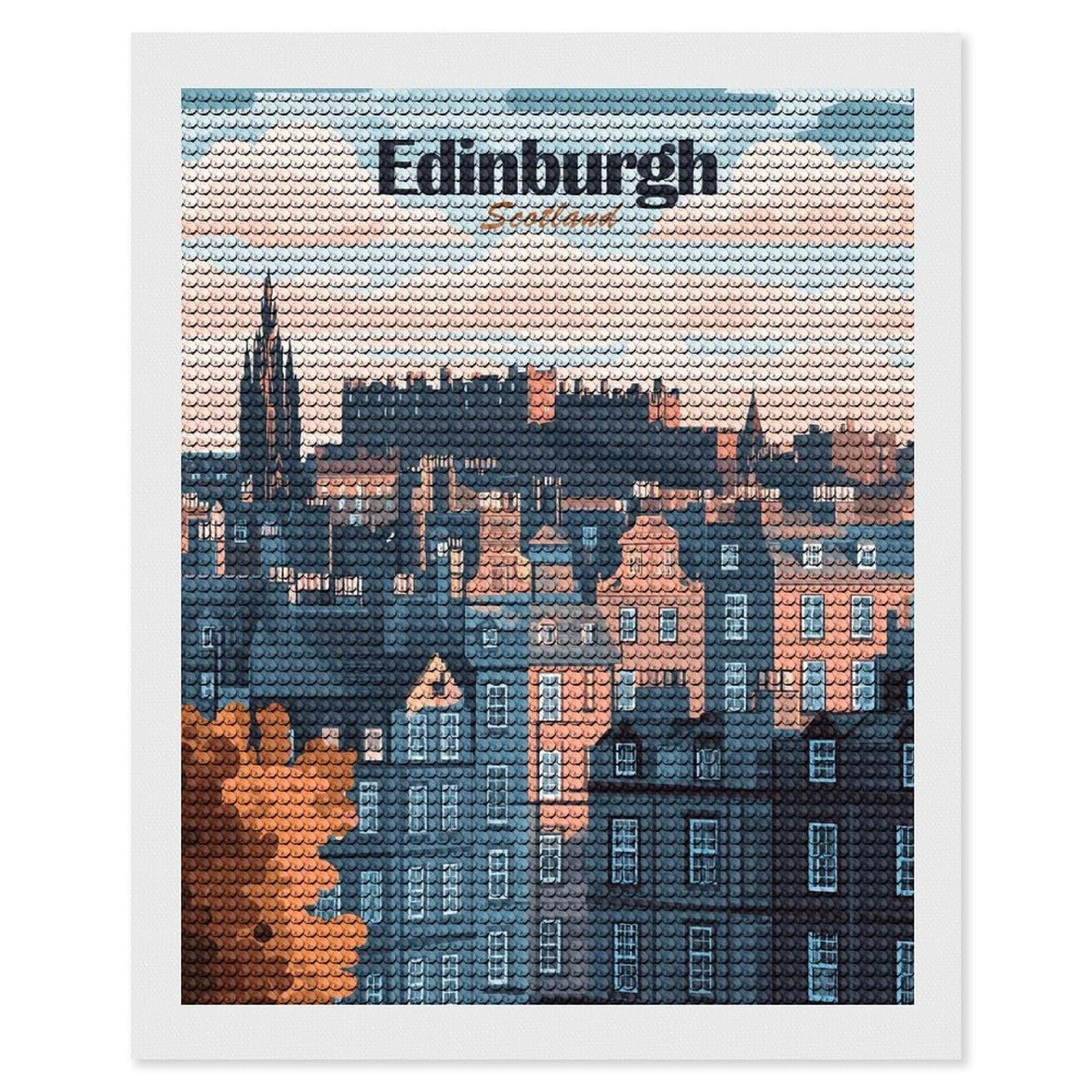 Junmoney Edinburgh, Scotland Cityscape Illustration Diamond Art Kit 16"x20", Creative Leisure Activity, Complete Accessories, Vintage Style Decor, for Women