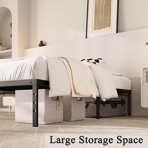 Miniatura 5 de MISAGI Marco de cama de metal individual de 18 pulgadas, no necesita somier, plataforma de metal resistente con configuración sin herramientas,