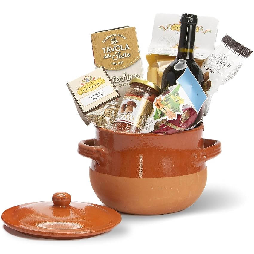 Immagine del prodotto Cesti Natalizi Speciale Italia – Cesto Regalo Alimentare in Ceramica Zuppiera in Terracotta con Specialità Gastronomiche: Sugo Pronto, Funghi, Vino, Riso e Zuppa, 6 pezzi