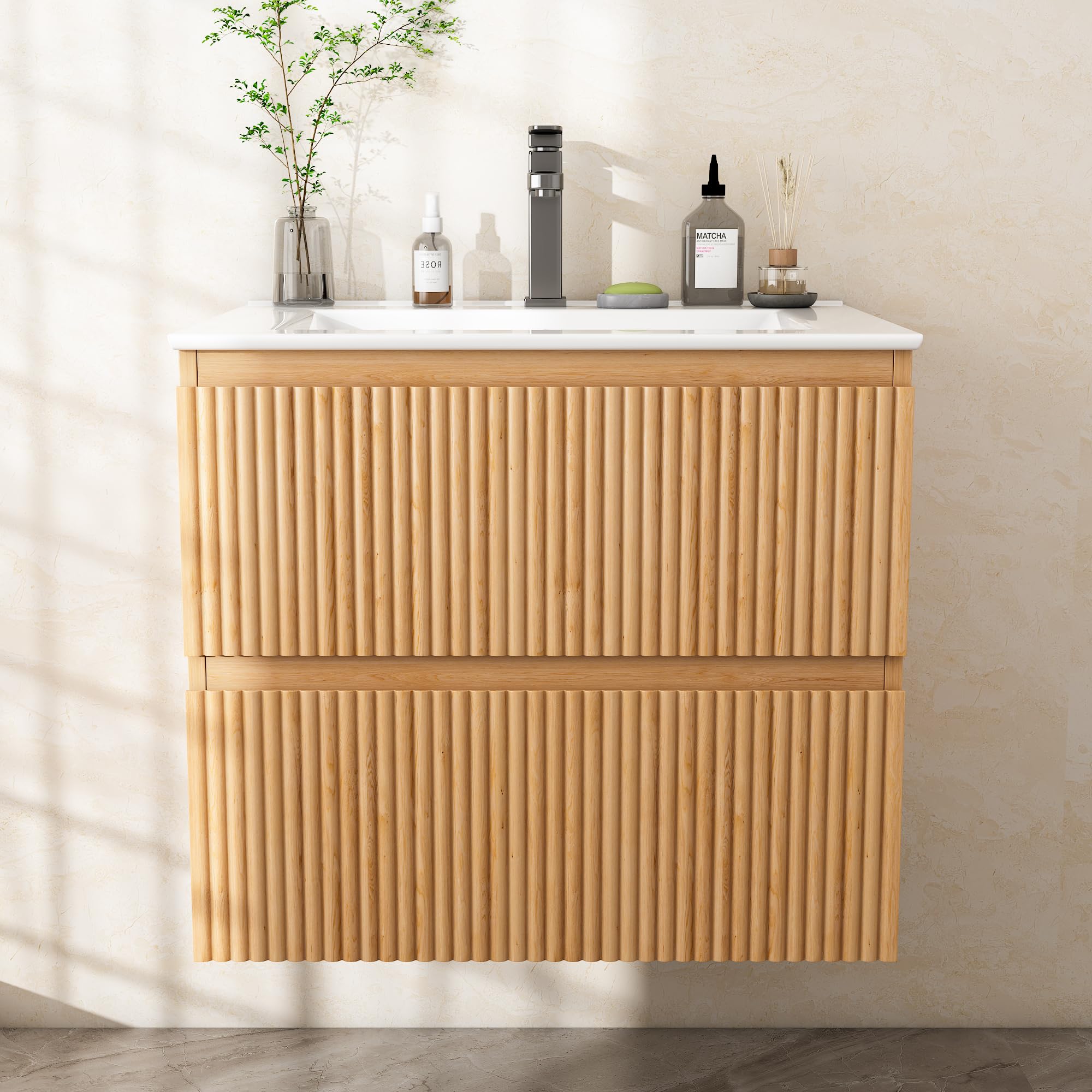 Waschtisch mit Unterschrank 60 cm, Badmöbel Set und Keramikwaschbecken, Waschbeckenunterschrank inklusive 2 Schubladen, Wandhängend, Rillendesign, Natur