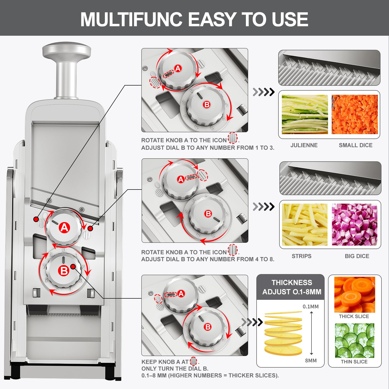 QYKIC Gemüseschneider, ONCE FOR ALL Verstellbar Gemüsehobel Mandoline Vegetable Slicer Kartoffelschneider Zwiebelschneider (Hellgrau)