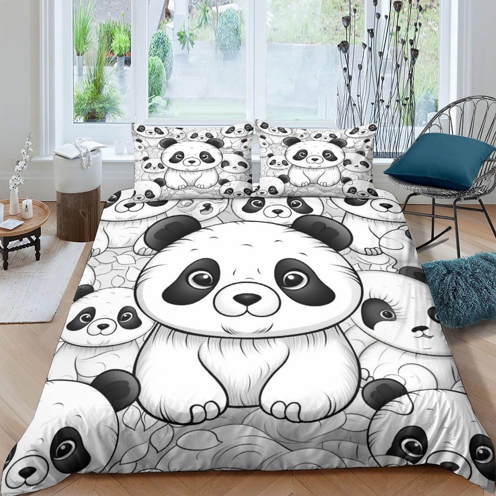 Housse de couette respirante 200x200 motif pandas, parure de lit zippée anti-transpiration