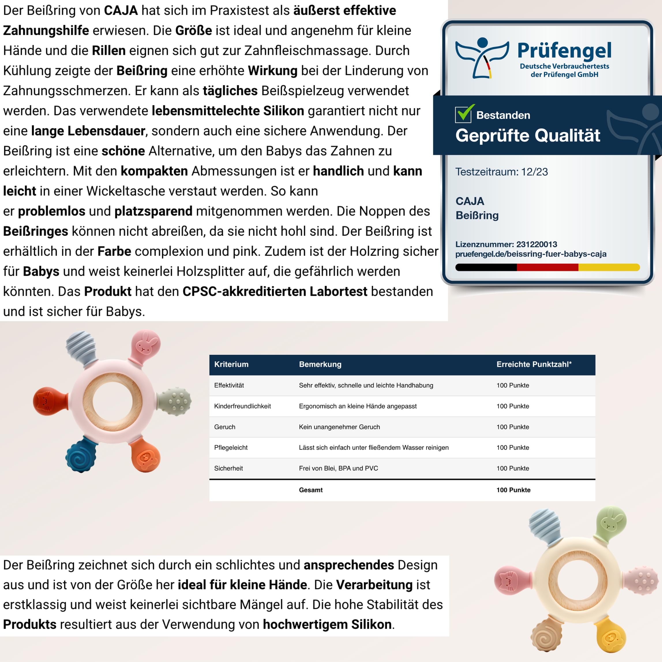 CAJA Baby Teething Ring – Teething Toy – Teething Aid – Teething Ring – Rowing Animal Motif Made of Silicone and Wood, BPA-Free – Teething and Grasping Toy Nursing for Babies (Complexion) - 4