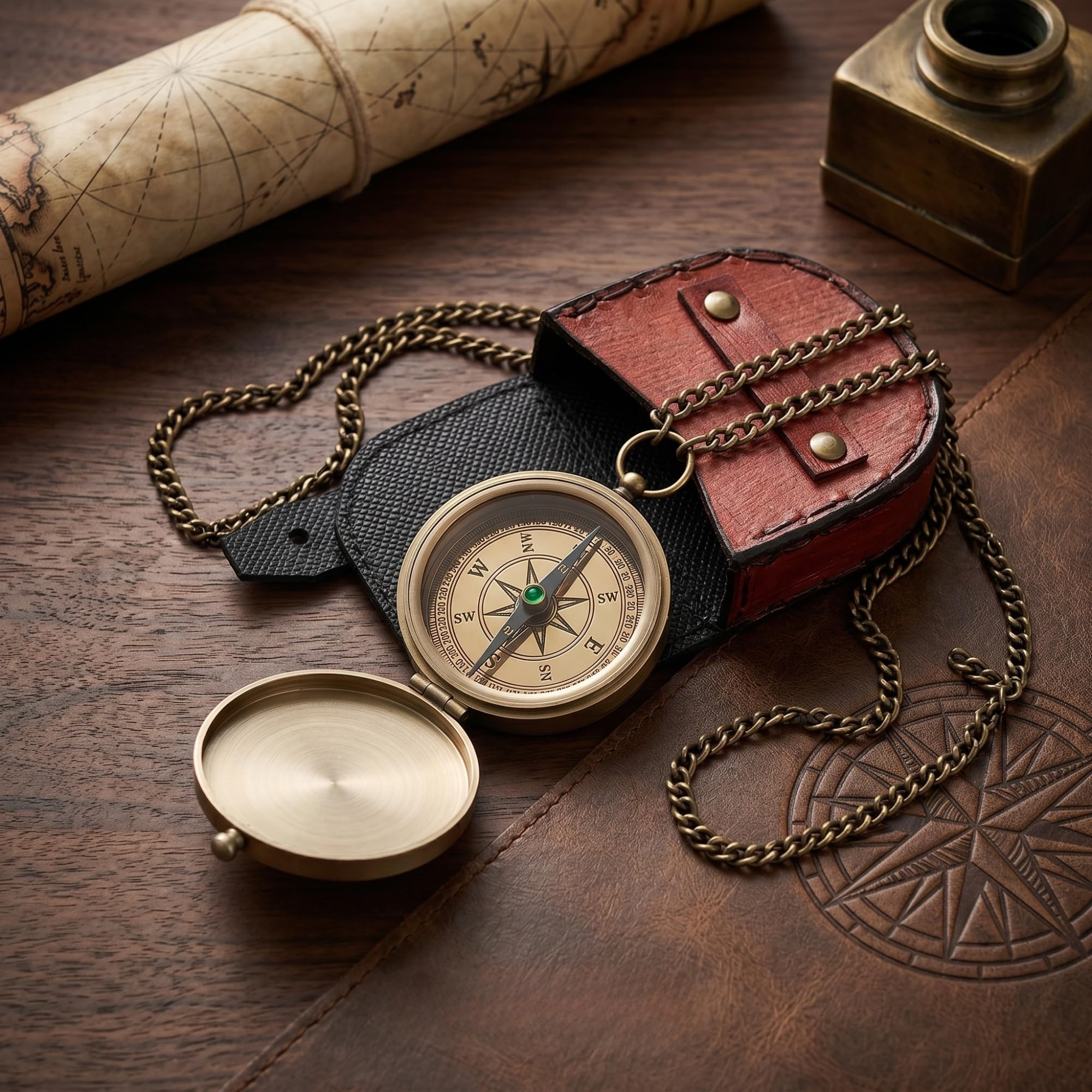 3 Inch Pocket Compass with Leather Case and Chain — Solid Brass Navigation Compass for Hiking, Camping, Hunting and Outdoor Adventures-picture-29