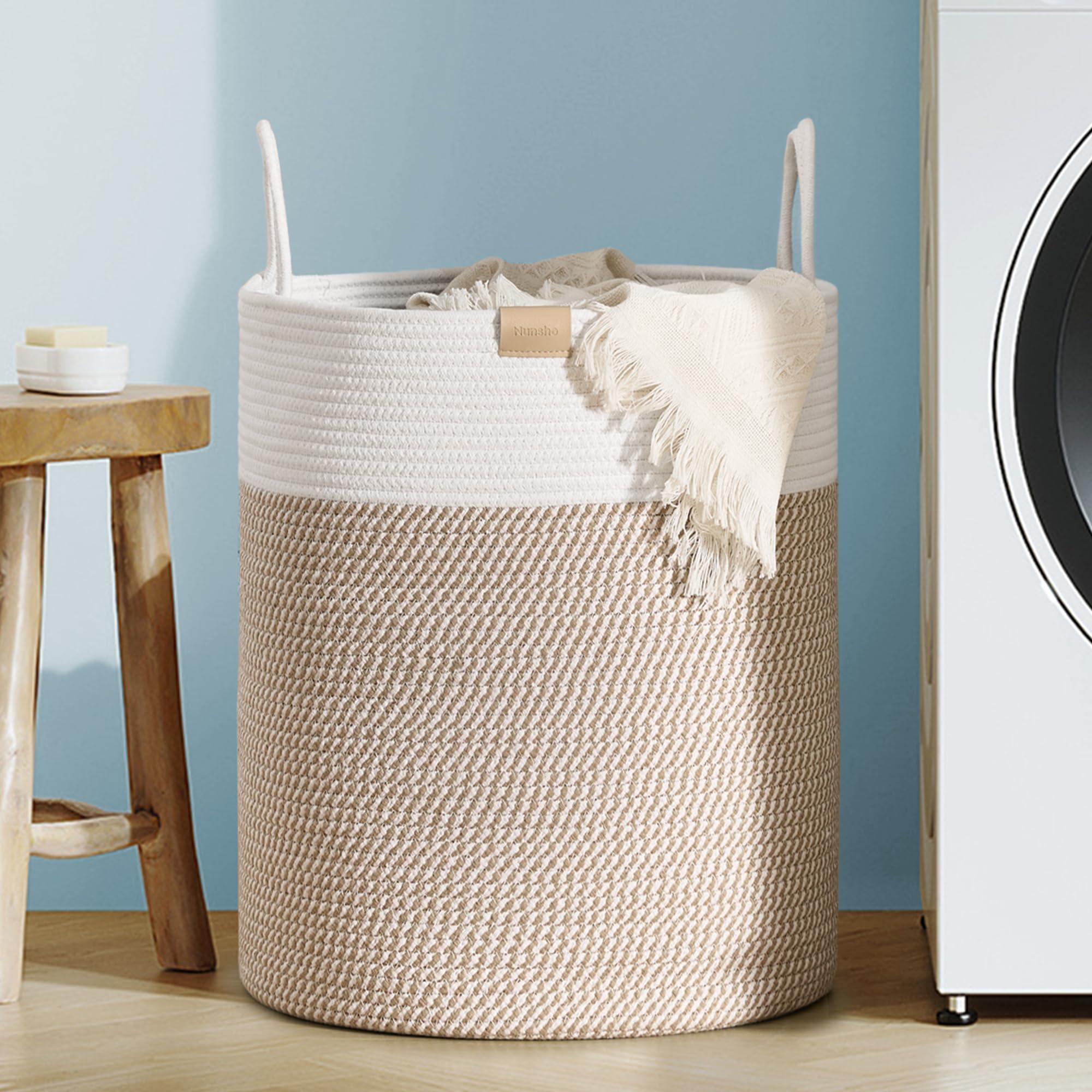 62l laundry hamper basket,baby nursery woven storage basket for toys bin,pillows,blankets,clothes,brown&white