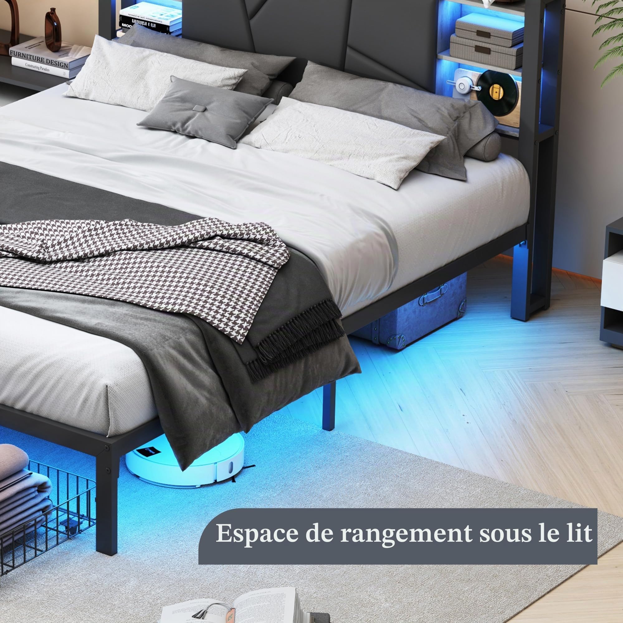 KeepGoon Lit en Bois de Fer 160 x 200 cm, Table de Chevet avec Barre Lumineuse et Port USB, Double tiroirs au Bout du lit, Lit Double Dossier rembourré, tête de lit avec Compartiment de Rangement, PU