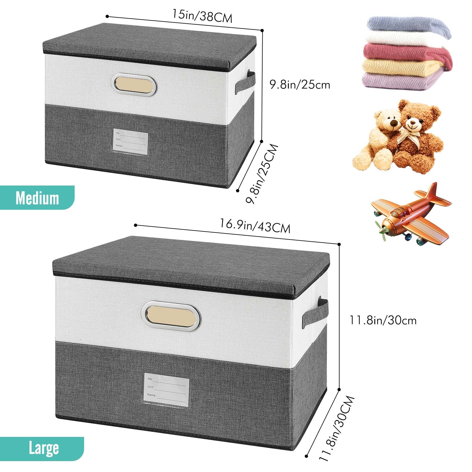 Contenedores grandes de tela de lino plegables con tapa y asas extraíbles, caja de almacenamiento lavable, cesta organizadora con cubierta para dormitorio, armario, oficina (blanco y negro,