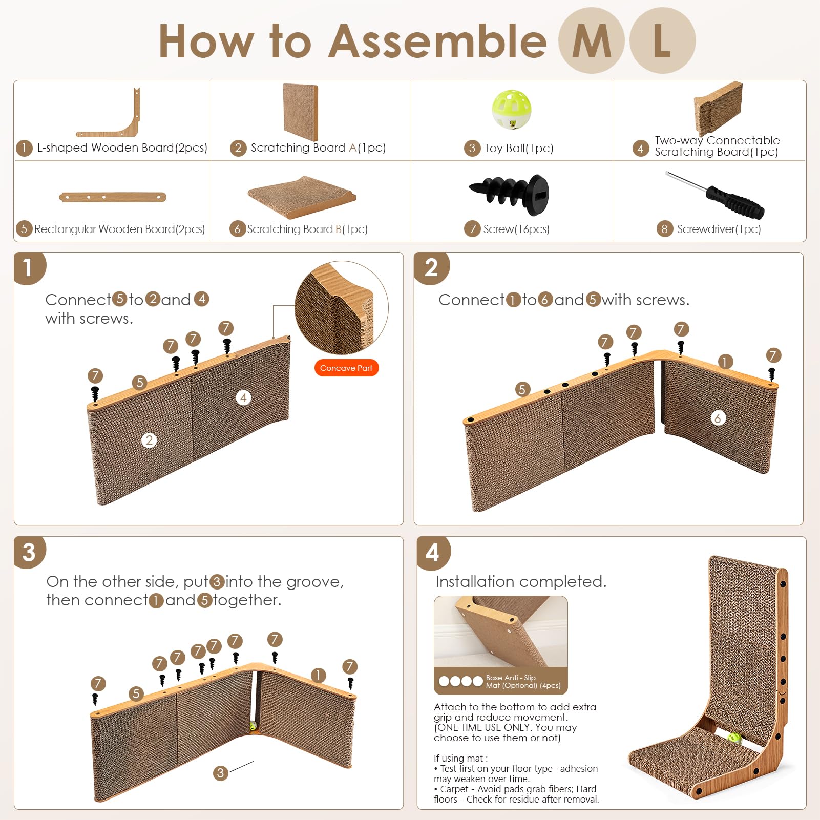 EHEYCIGA Cardboard Cat Scratcher for Indoor Cats, 26.8 Inch L Shaped Vertical Cat Scratching Board with Ball Cat Toy, Large Cat Scratcher Pad, Brown