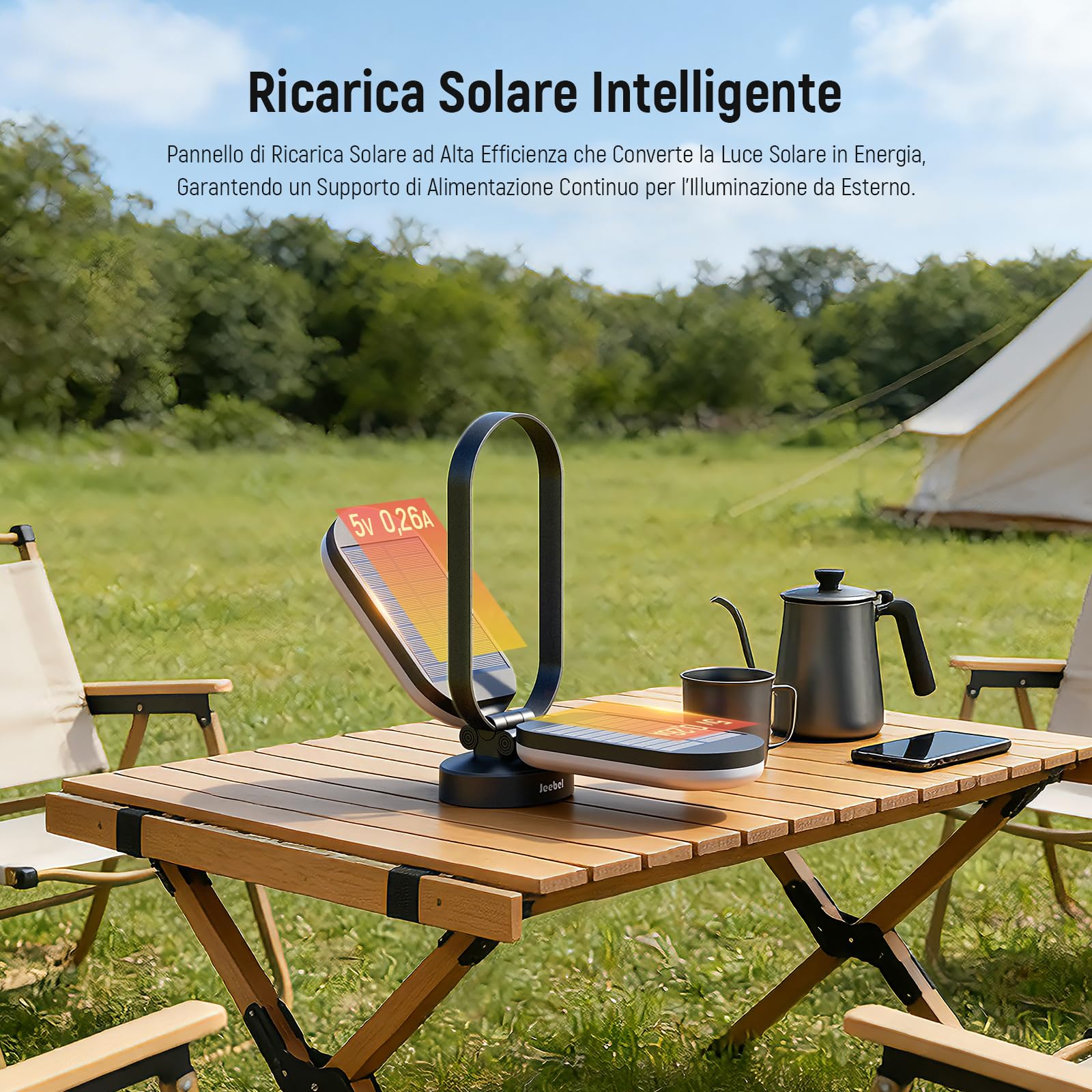 Jeebel Lampada Campeggio Solare, Lanterna LED Ricaricabile Pieghevole con Power Bank 5000mAh, Regolabile Tocco, 4 Modalità, IP55, Luce Tenda per Esterni/Escursioni/Urgente/Interruzioni Corrente (Nero)