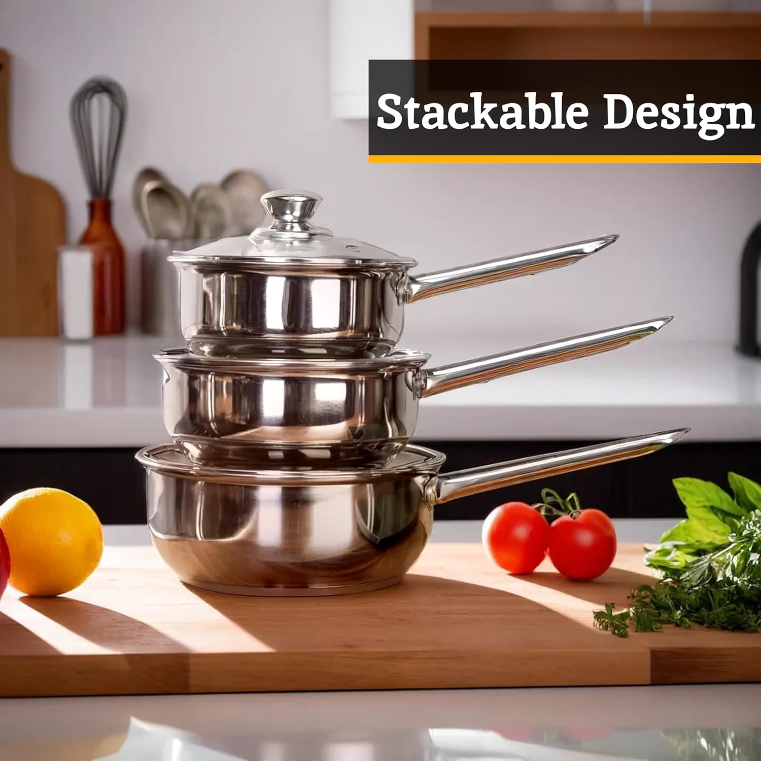 Premier Housewares 3-Piece Pan Set with Glass Lids - Stainless Steel