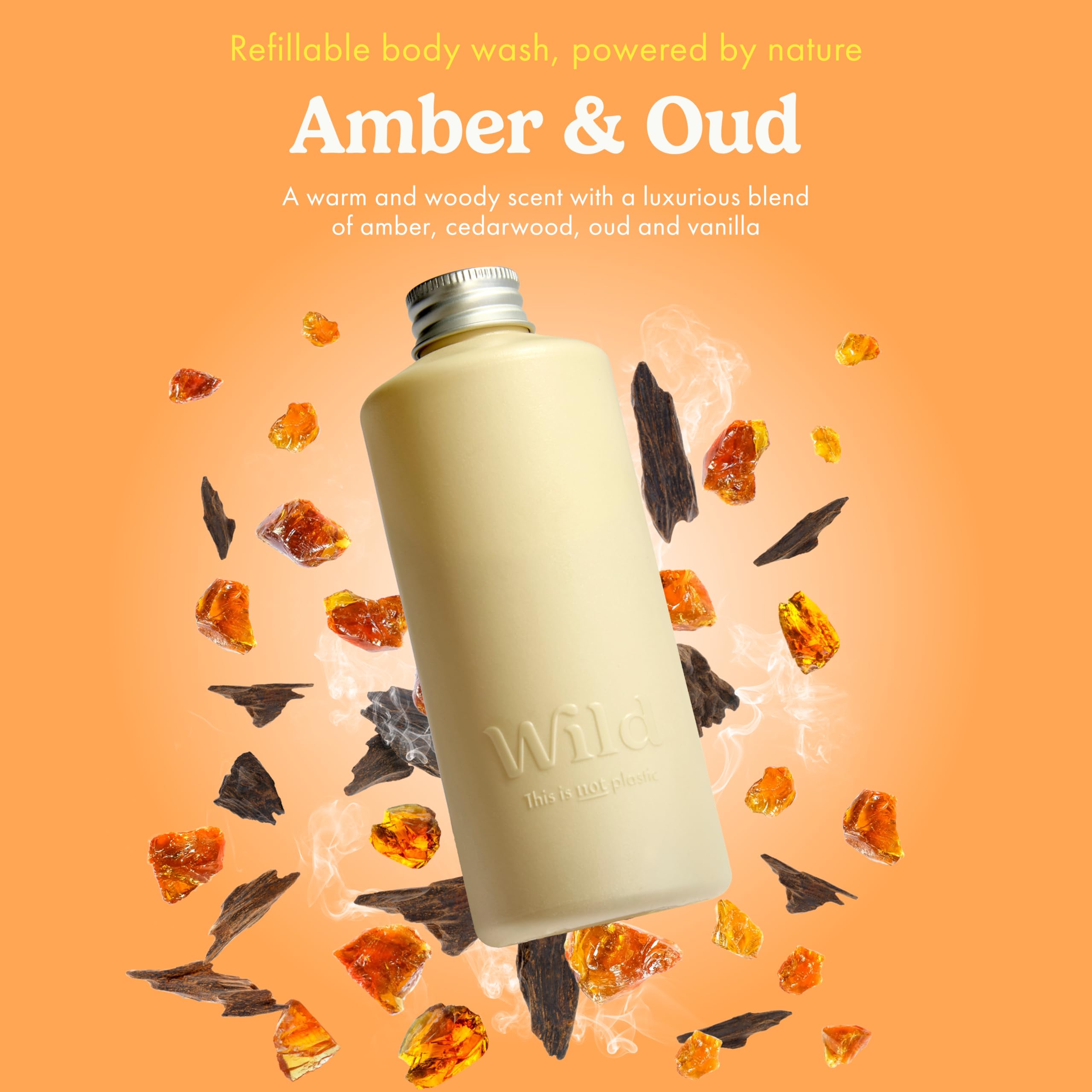 Wild Kit de inicio de gel de baño recargable - Carcasa de aluminio de abejas y 3 recambios de gel de ducha en varios aromas - 95% ingredientes naturales - Honey & Almond Amber & Oud Santorini Sunset