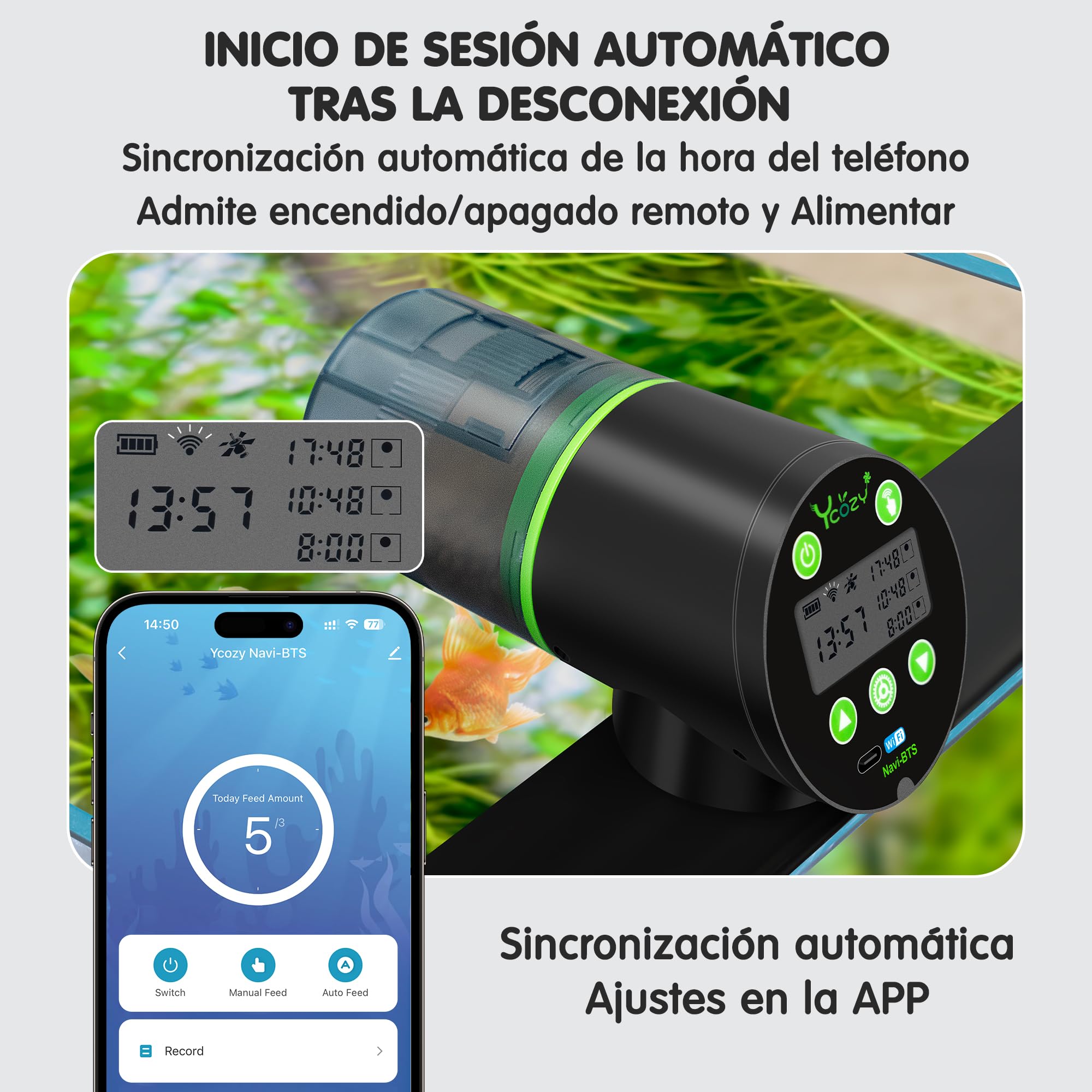 Ycozy WiFi Comedero Automatico Peces con Enchufe y Cable USB-C, Comedero Acuario Automatico por Enchufe Automático de Comida con Mando Distancia App y Pantalla LCD | Navi-BTS