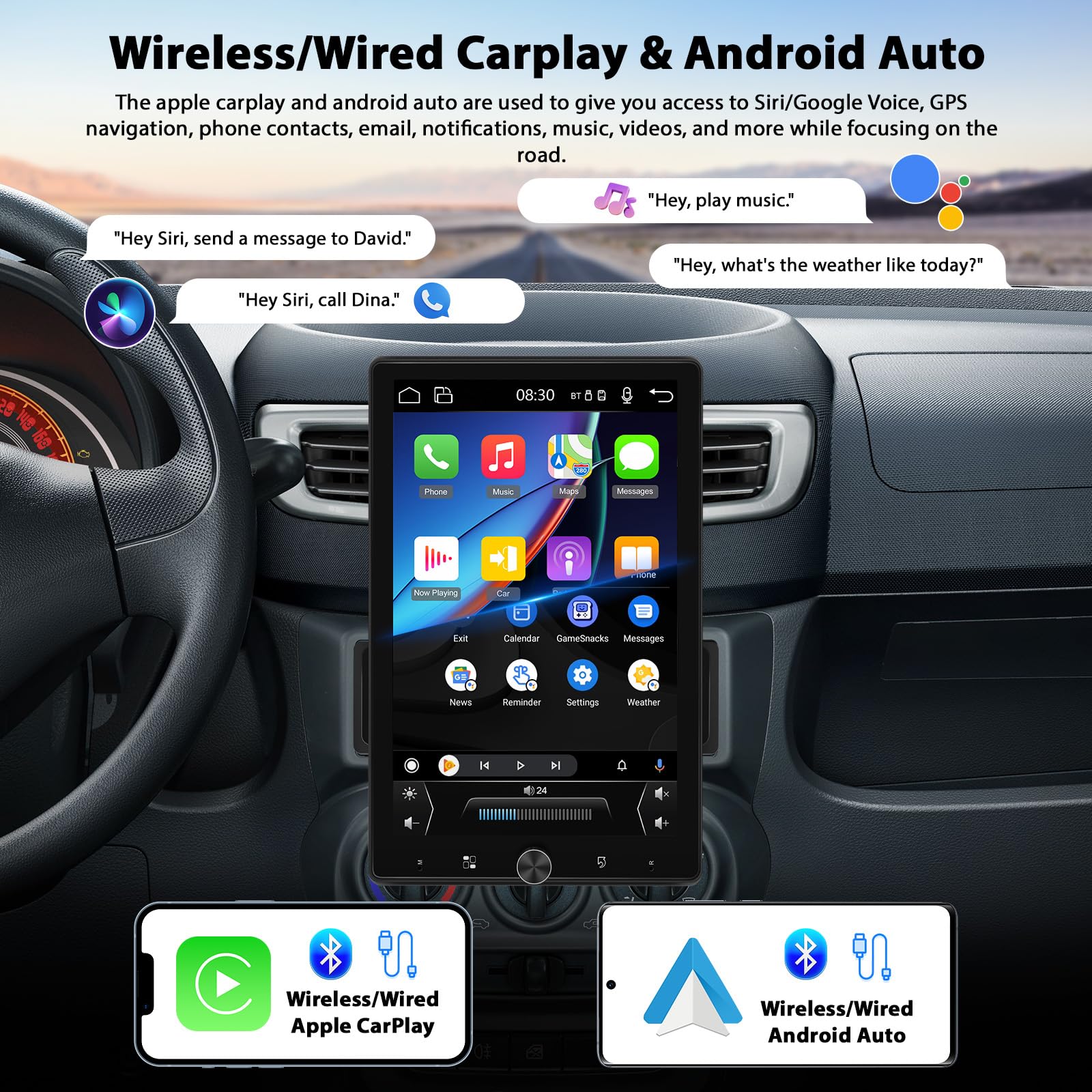 Inefala 1 Din Autoradio mit Wireless Carplay Android Auto, 10,4 Zoll drehbares Touchscreen-Autoradio unterstützt Bluetooth Freisprecheinrichtung/Mirror Link/FM Radio/USB/AUX/TF/EQ mit Rückfahrkamera
