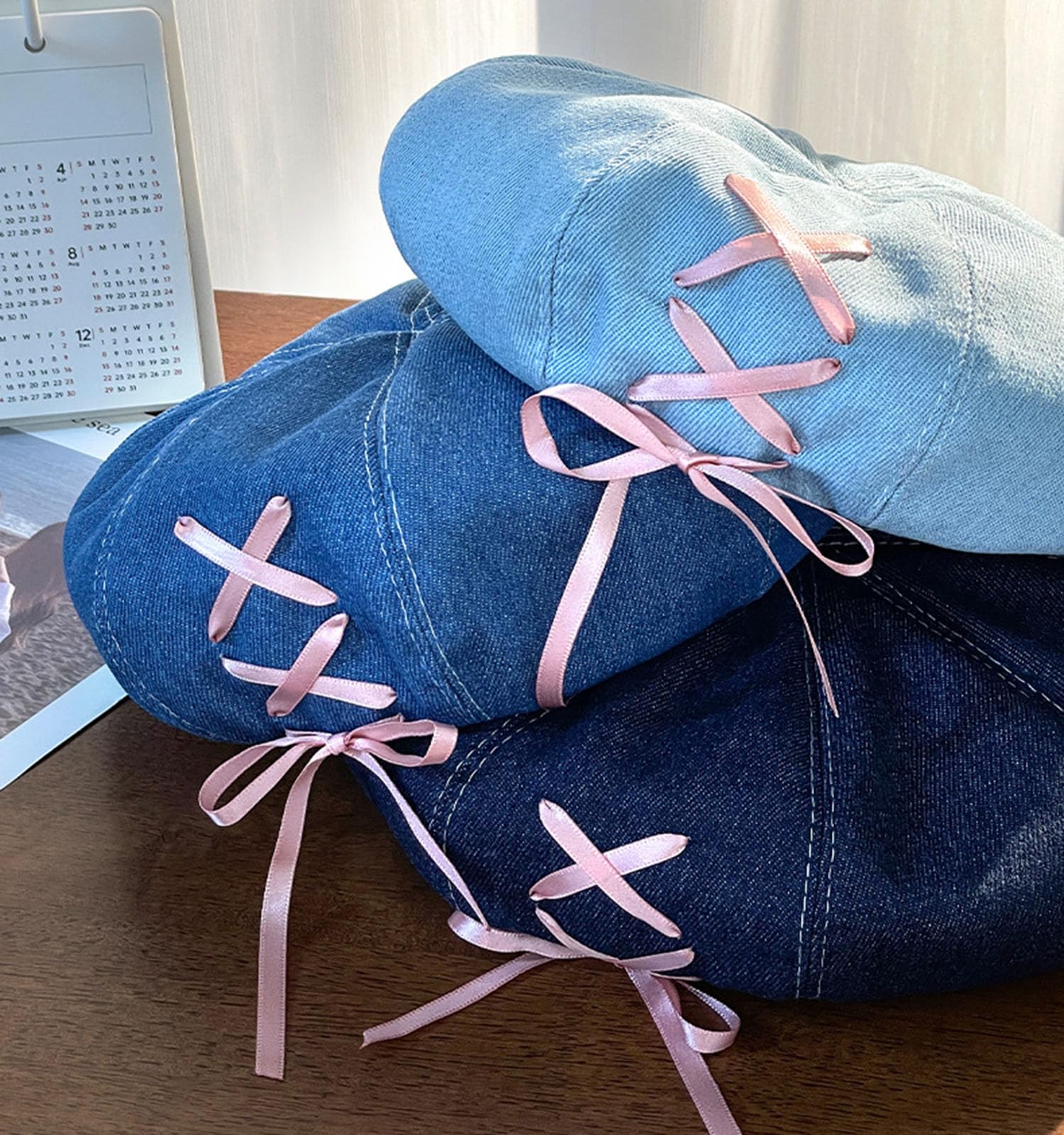 Womens Sweet Lolita Denim Beret Hat Cute Bowknot Artist Painter Hat Solid Color French Beret Cap Casual Beanie Hat (US, Alpha, One Size, Blue)