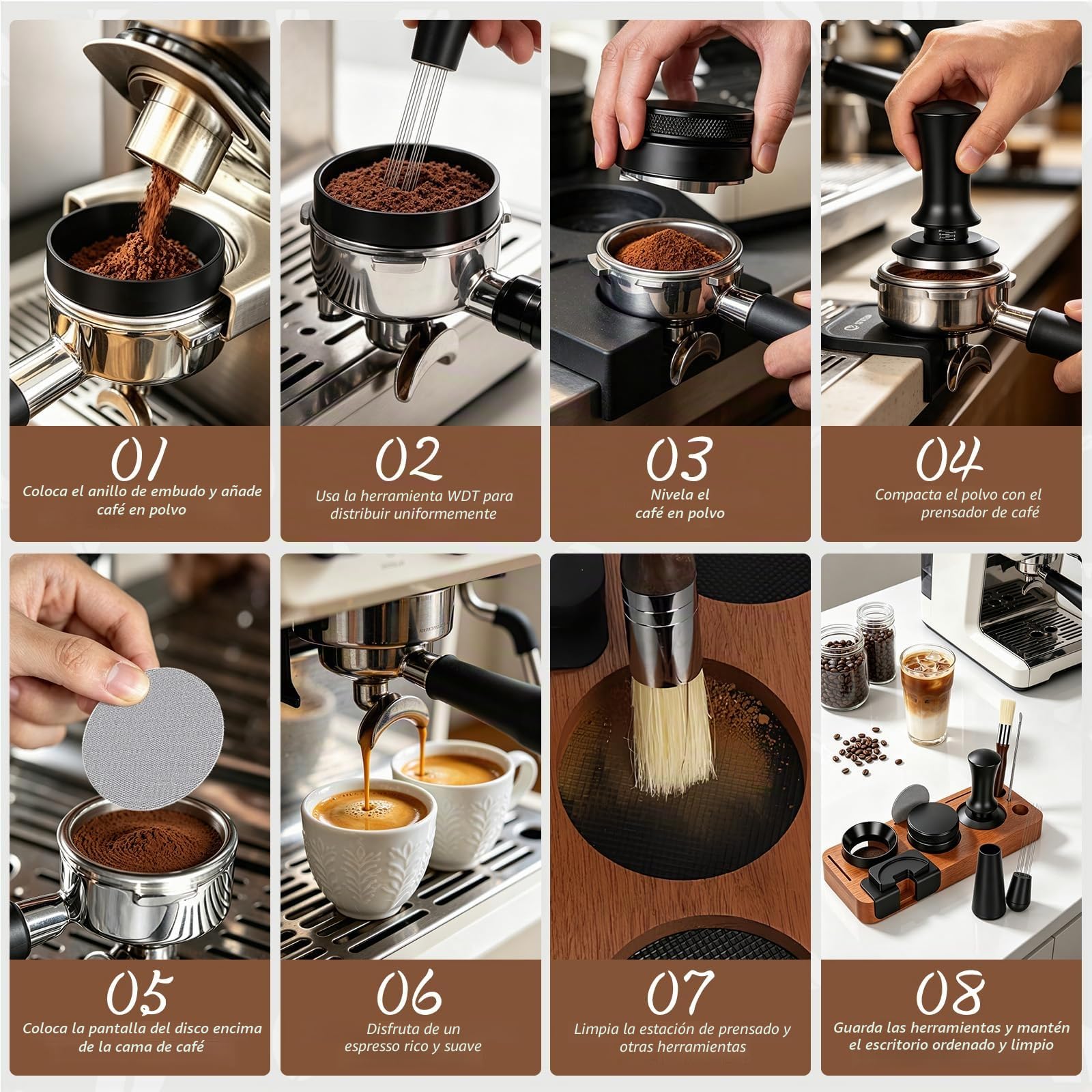 Set de Accesorios para Espresso de 8 Piezas, para Máquinas Espresso | Prensador 51mm con Estación de Prensado, Nivelador, Herramienta WDT, Anillo Dosificador, Cepillo, Filtro Puck Screen, Varilla