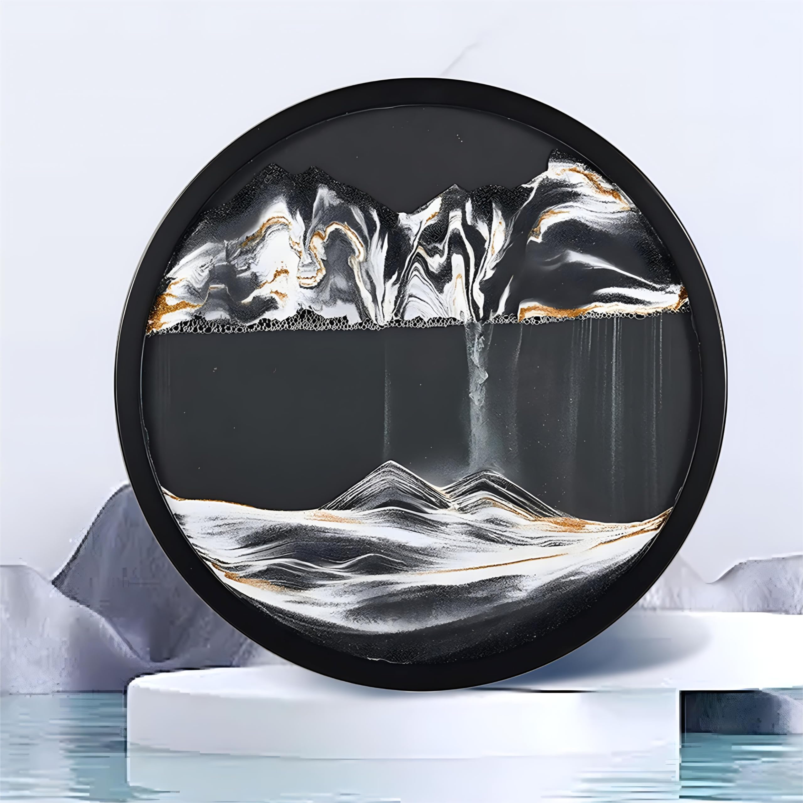 23.6'' Moving Sand Art Decor, Sand Art Wall Mounted Sculpture, Wall Art Deep Sea Sandscape, Glass Crafts Solid Wood Frame, Home Office Work Decor (Black And White - Black Background)