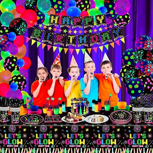Miniatura 3 de 231 piezas de suministros de fiesta de neón que brillan en la oscuridad, decoraciones de fiesta de luz negra, juego de vajilla para fiesta, platos,