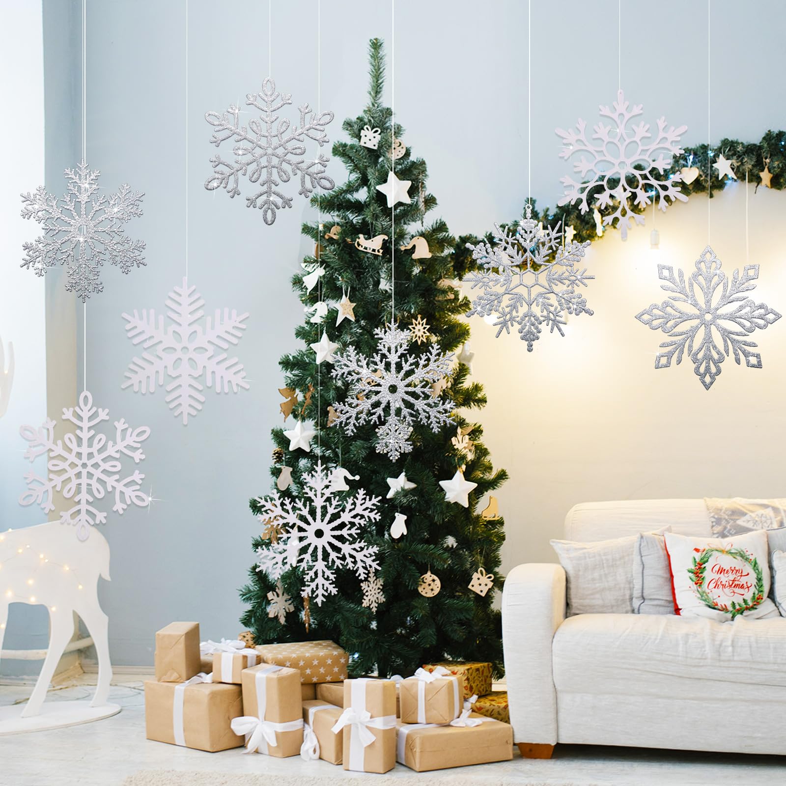 Sratte 12 Stück 40,6 cm große Schneeflocken-Ornamente, riesige glitzernde dekorative hängende Schneeflocken, 6 Designs, Weihnachtsdekoration, hängende Ornamente, Winter-Fensterdekoration mit