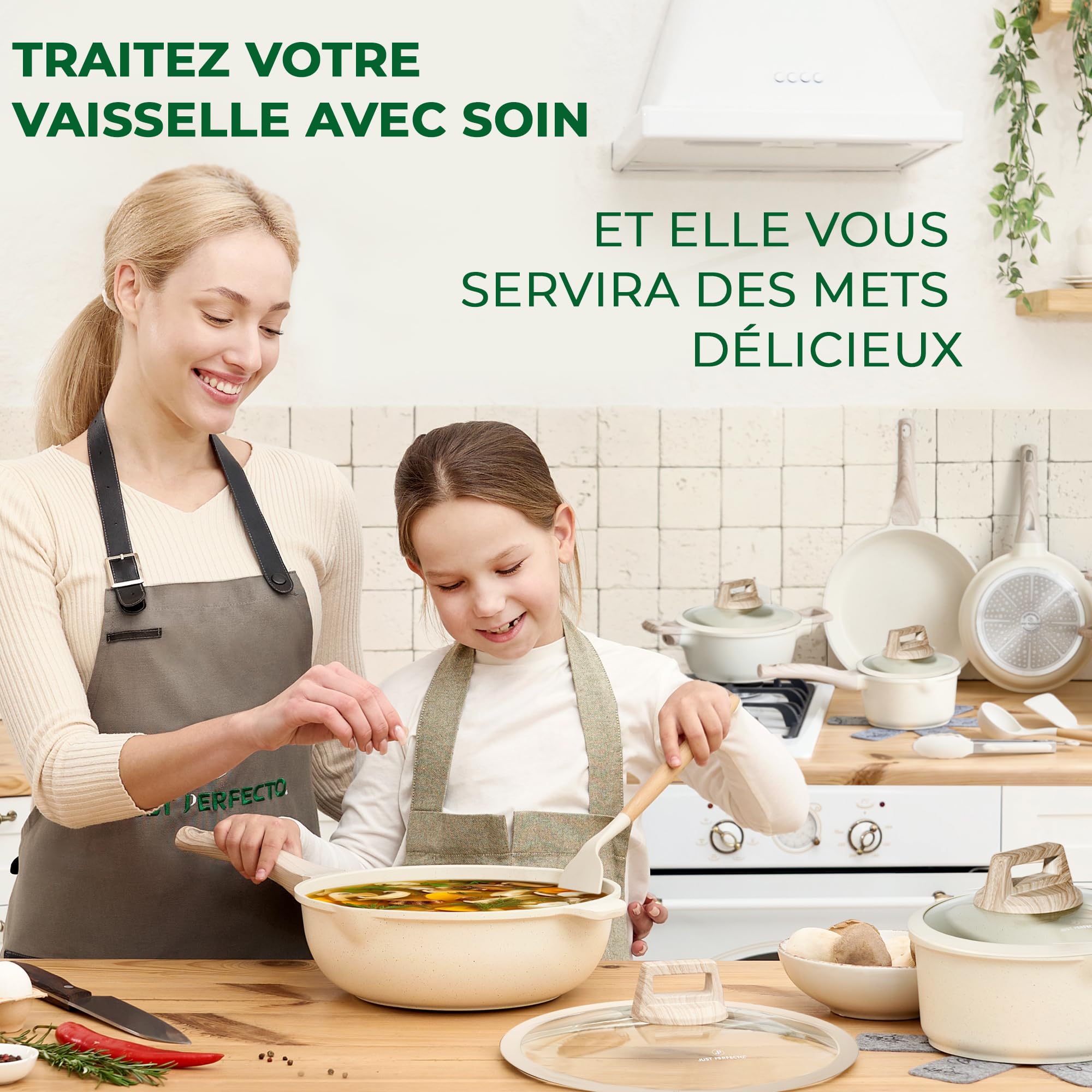 Just Perfecto Set de Casseroles 16-20-24-28 cm JL-888, Blanc | revêtement antiadhésif, compatible tous feux dont induction, couvercles inclus, poignées isolées