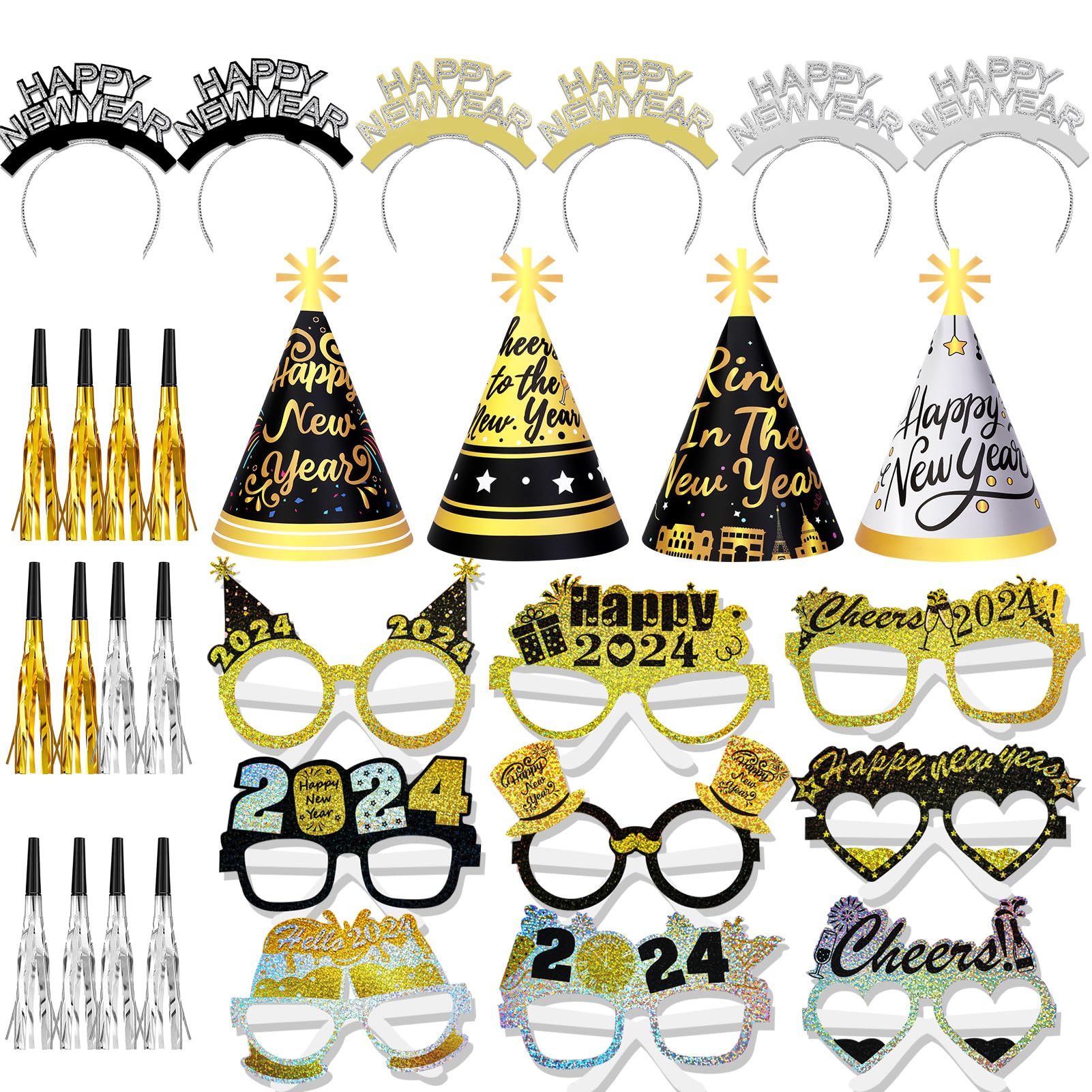 HOWAF 44 Pcs Glitter Happy New Year Party Kit, 2024 New Year Eve Supplies Favors-New Year Headband Eyeglasses New Year Top Hats New Year Fringed Noisemaker for New Year's Eve Party Decoration