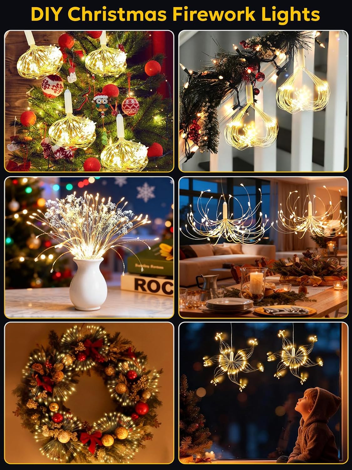 FOOING 4 Pack Firework Lights LED, Hanging Christmas Lights, 8 Modes USB Rechargeable Battery Operated Fairy Light with Remote, Twinkle Star String Lights for Party Christmas Decoration Outdoor Indoor