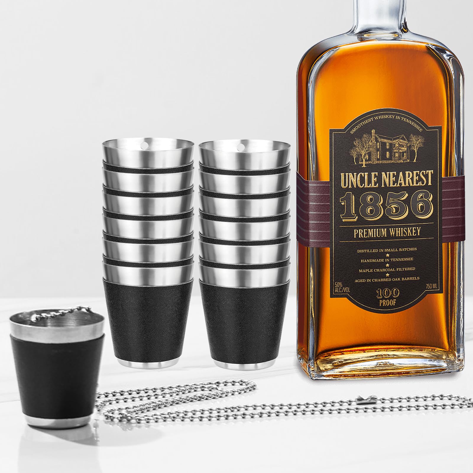 FENGQQKJ 8 stuks borrelglaasjes van roestvrij staal, borrelglazen om te hangen, borrelbeker met ketting, shotglazen, 30 ml, herbruikbaar, voor feestjes