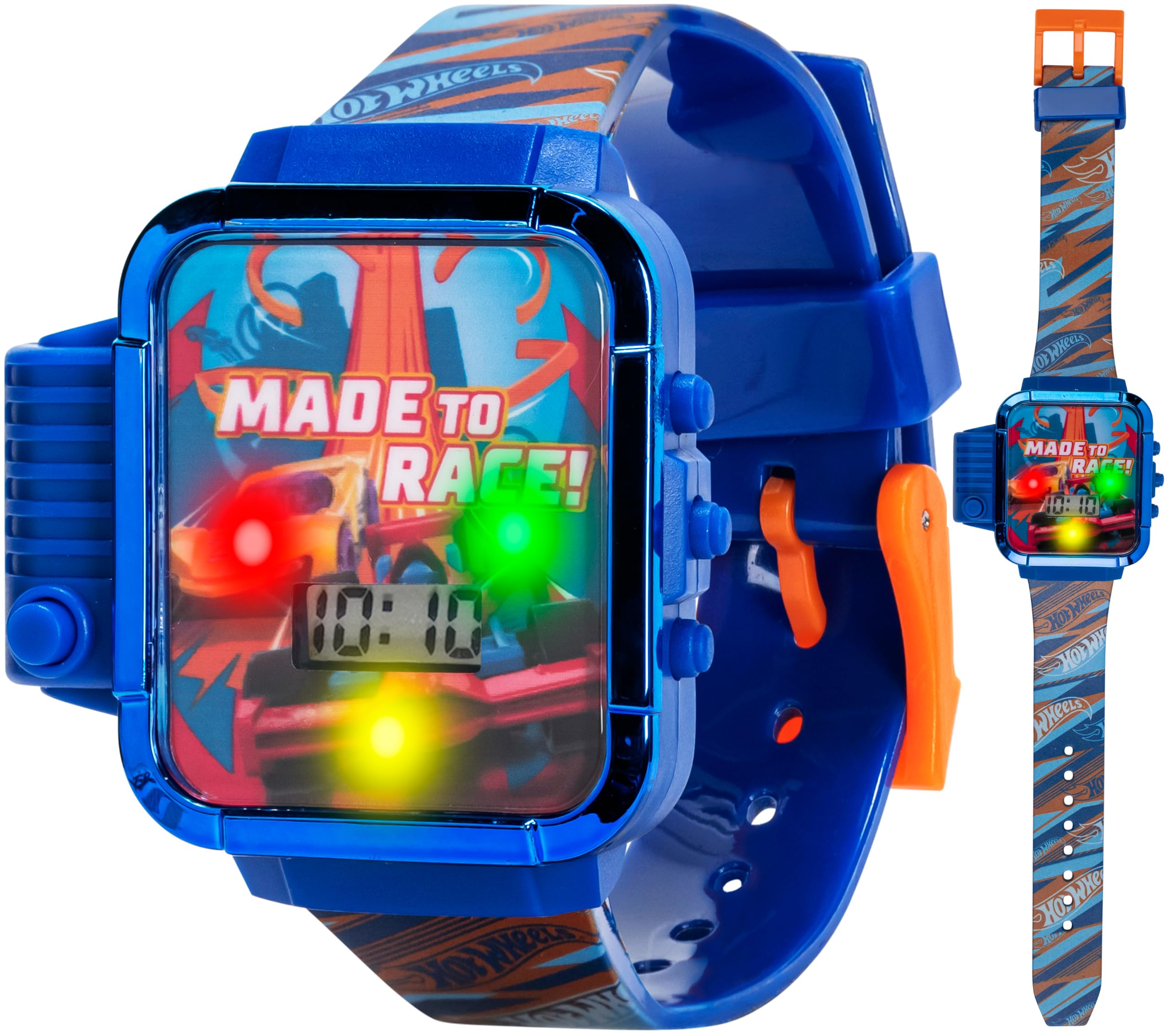 Hot Wheels Montre numérique pour Enfants avec lumière LED, Lampe de Poche | Écran LED lumineux, sangle de personnage imprimée, design résistant à l'eau et ajustement réglable pour poignets de 14 à 21,6