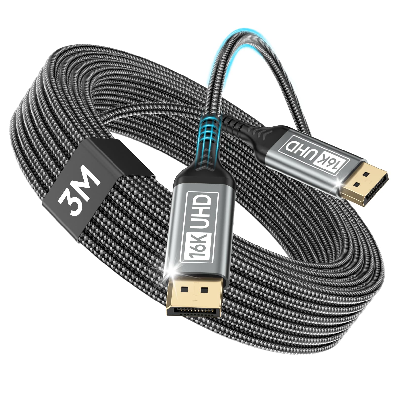 Nersligek Cavo DisplayPort 2.1 3M-DP Supporta 16K@60Hz, 10K@60Hz, 8K@120Hz, 4K@240Hz/165Hz/144Hz, 2K@360Hz/240Hz, 80Gbps, HDR, DSC1.2a, FreeSync, G-Sync per Monitor da Gioco, Scheda Grafica, PC