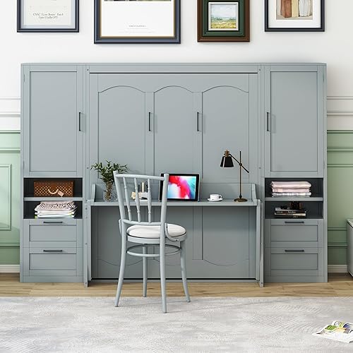 Queen Size Murphy Bed Wall Bed with Desk and Closet,Drawers and Shelves,for Small Spaces Studio Study Office Guest Room Use (Gray#Desk, Queen)