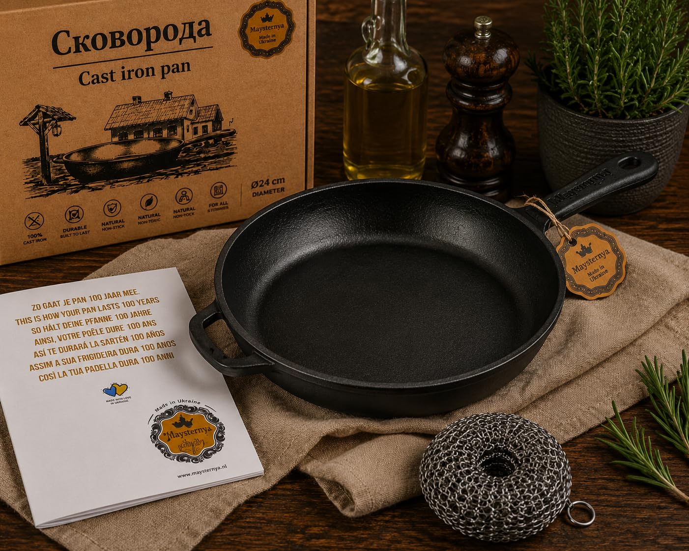 Sartén de Hierro Fundido Ø24 cm – Apta para Inducción, Horno y BBQ – Sin PFAS – Sartén con Mango Metálico – Resistente – Negra