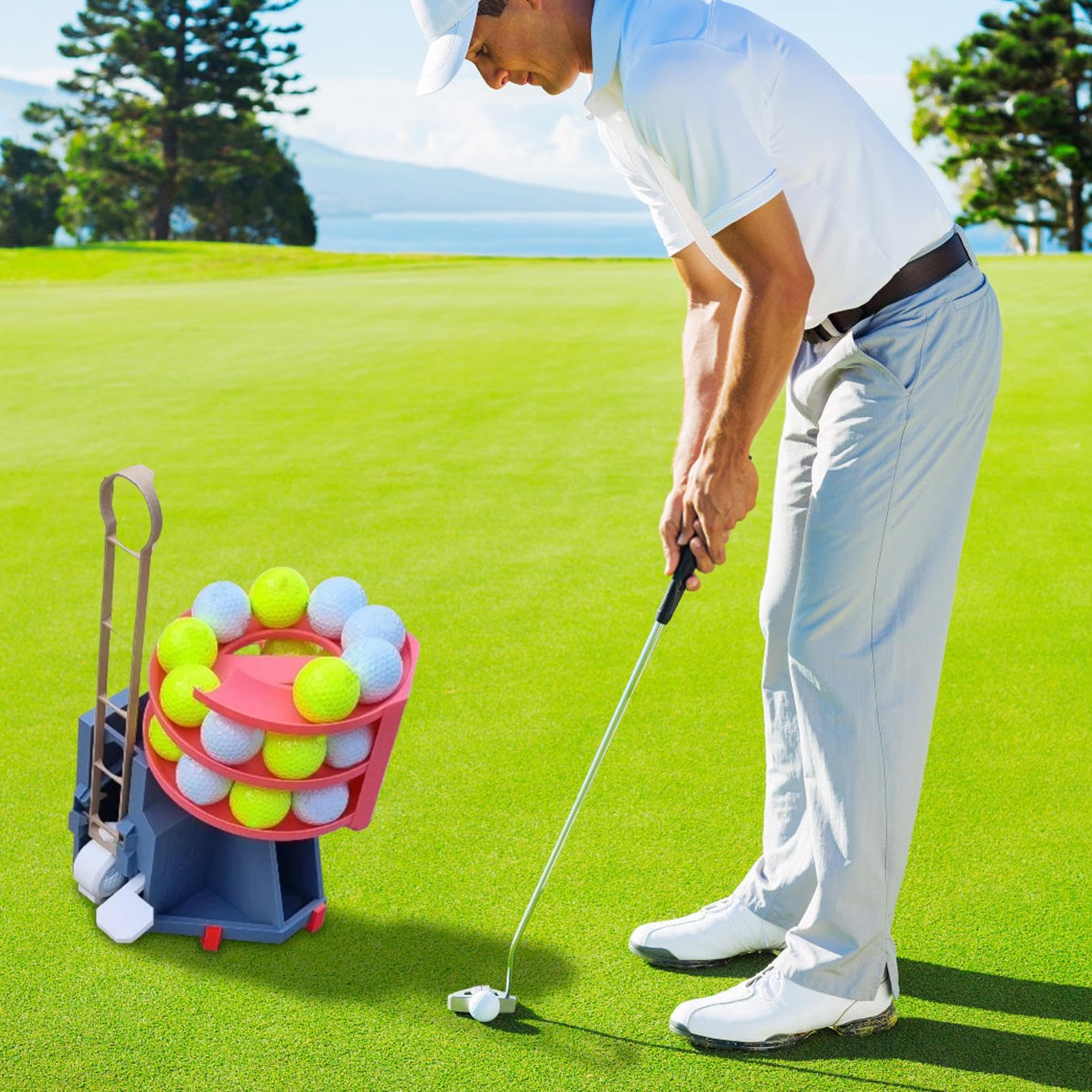 Golfsimulator für Zuhause, Automatischer Golfballspender mit Fußpedal, Golfball-Feeder und Spender, automatische Abschlagmaschine für Indoor-Outdoor-Golfübungen