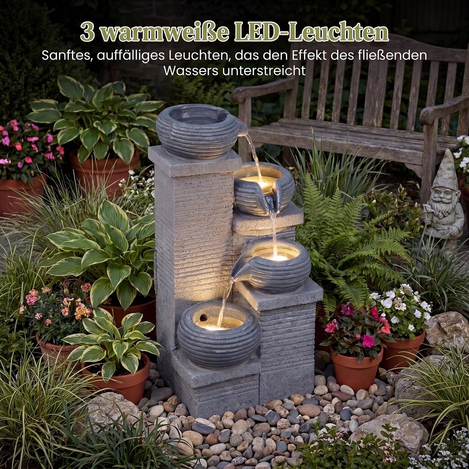 GYMAX Gartenbrunnen für außen, 4-stufiger Springbrunnen mit LED Beleuchtung