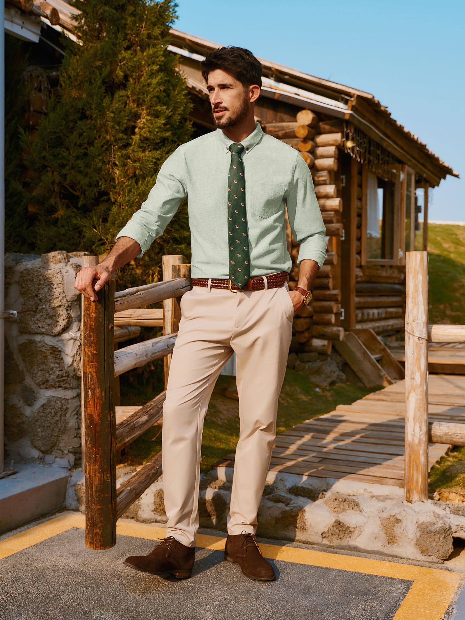 PJ PAUL JONES Camisa de manga larga para hombre, de algodón y lino, cuello abotonado, estilo casual, verde claro, L