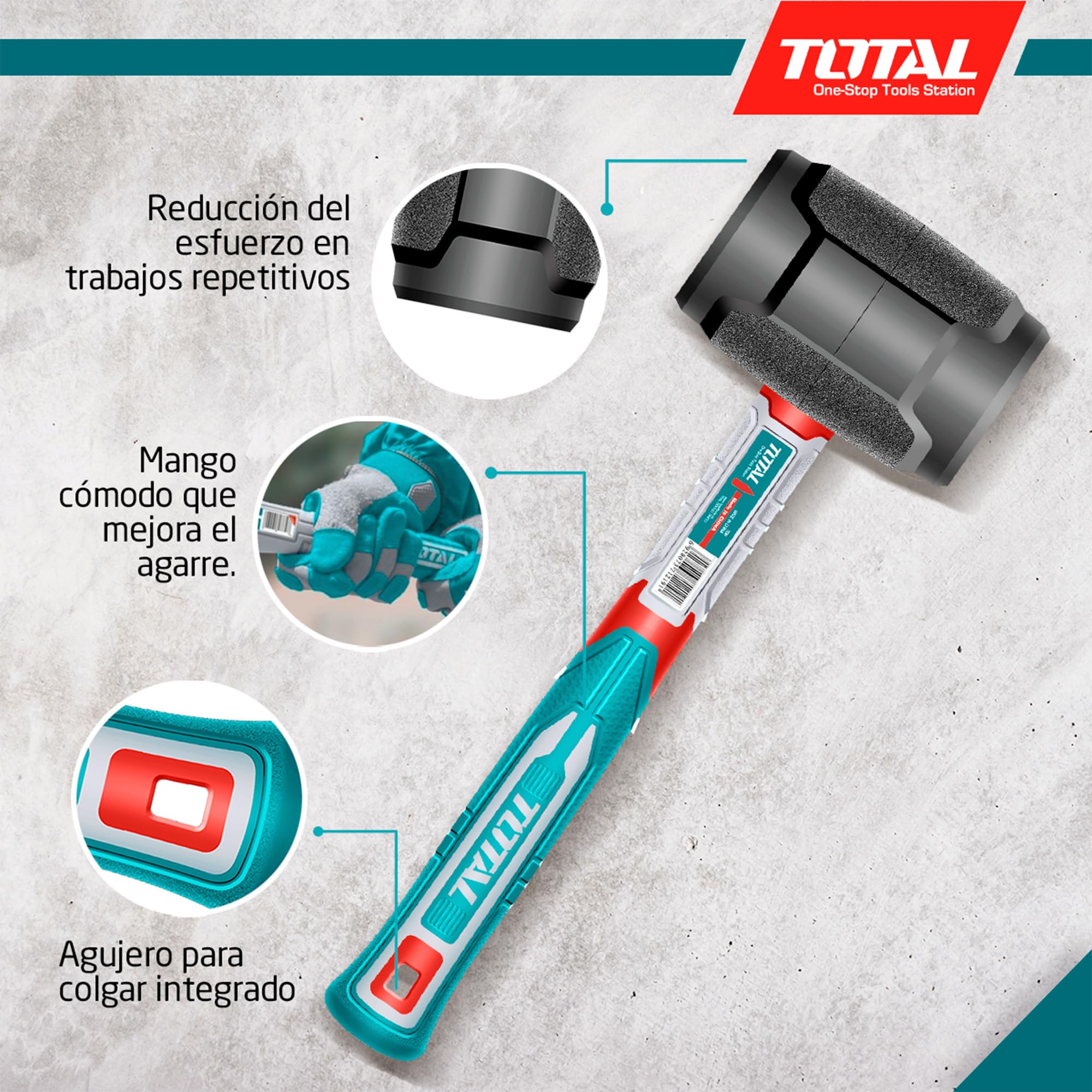TOTAL - Mazza in Gomma - 450 g - Per Piastrellatura, Livellamento e Assemblaggio - Colpisce Senza Danneggiare la Superficie - Manico Antiscivolo in Fibra Trimateriale - Testa in Gomma Nera