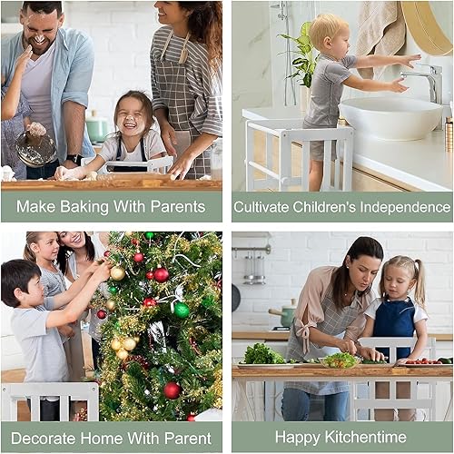 Miniatura 6 de COSYLAND Taburete de cocina para niños con guantes, barandilla de seguridad extraíble anticaída, alfombrilla antideslizante para pie, taburete de