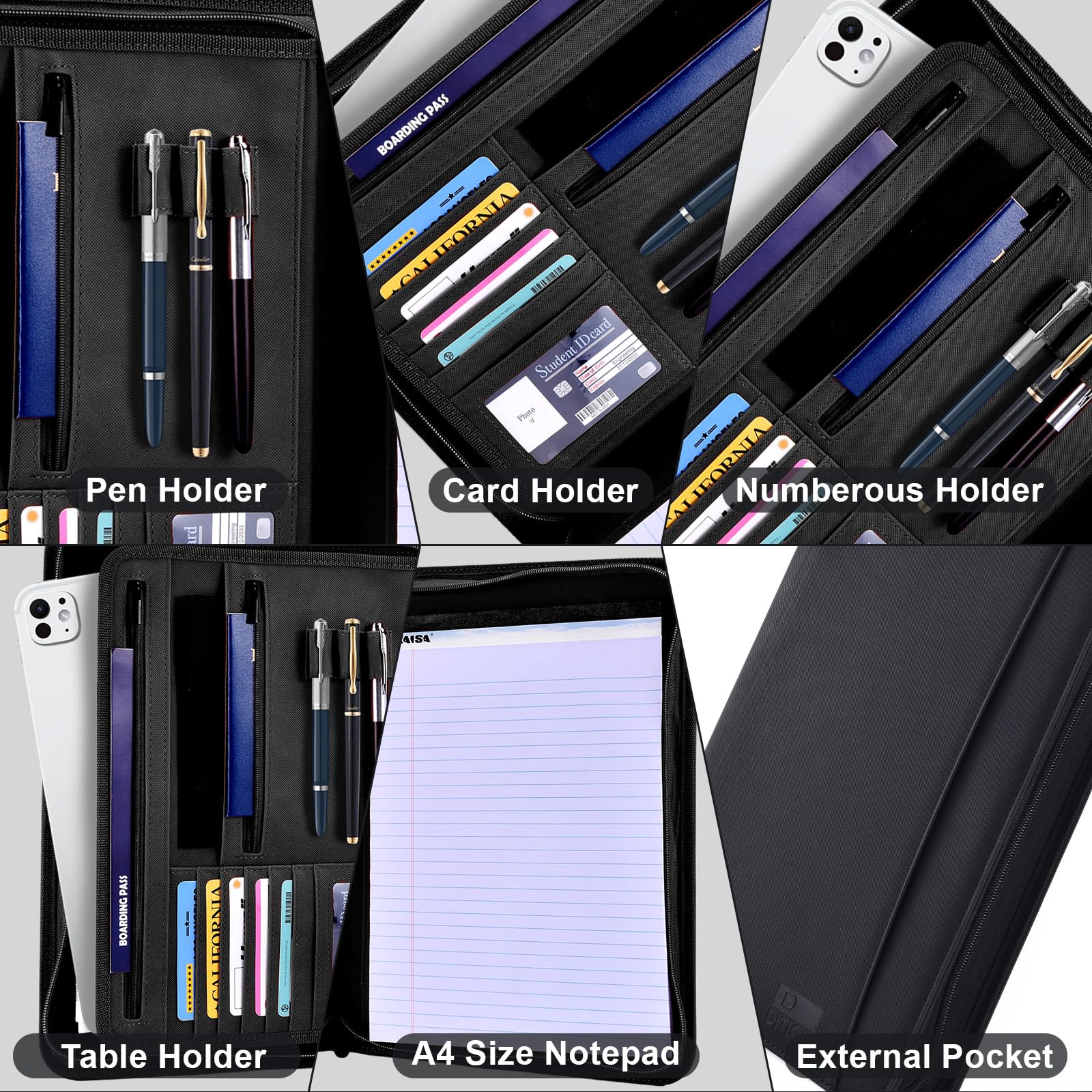 Porte-documents en cuir pour homme et femme | Porte-documents professionnel avec fermeture éclair | Porte-documents, planificateur, classeur de travail | Étui d'accessoires de travail de bureau (noir)