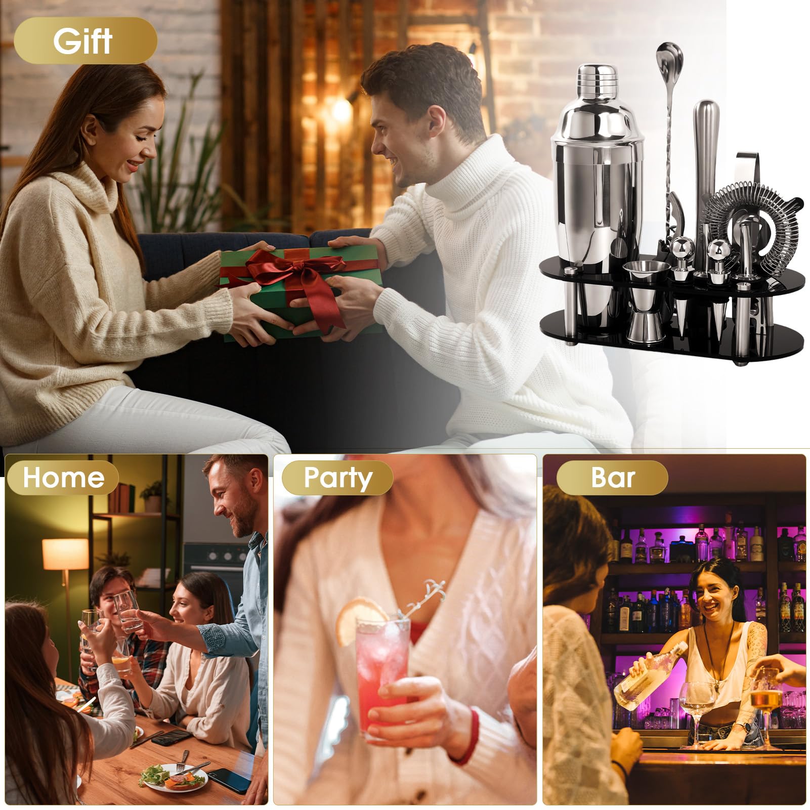 FoiiLiio 12 pezzi cocktail set kit in Acciaio Inox，Shaker Cocktail Set，Kit Barman 750 Ml,Professionale Kit Barman Completo,professionale barman set,Set Cocktail Professionale