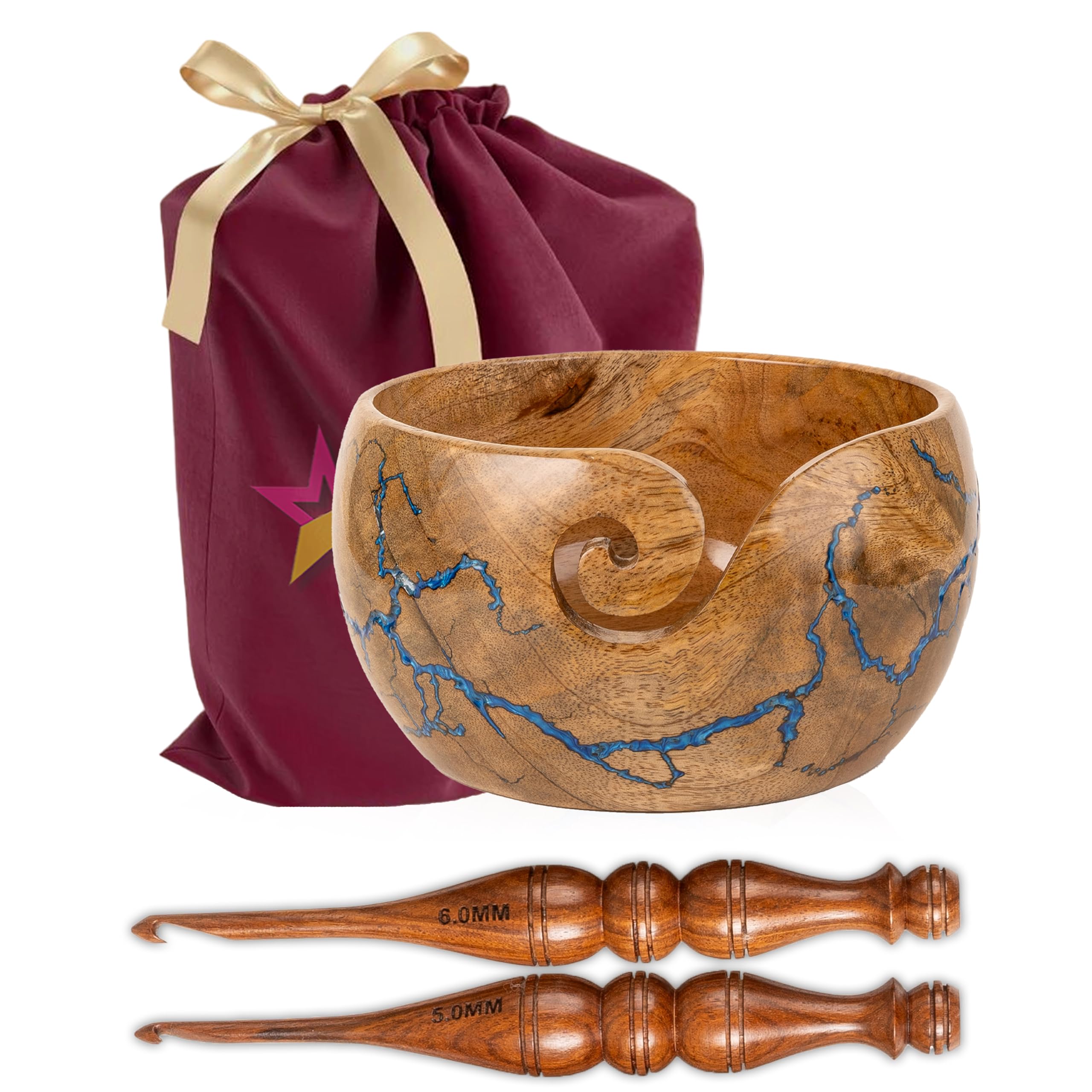 Cute Wooden Yarn Bowl for Crocheting, 7x4inch Large Mango wood Crochet Holder Gift Accessories and Knitting Gadgets Supplies Handcrafted with Fractal Wood Burning &amp; Blue Resin Inlay (M-Blue)