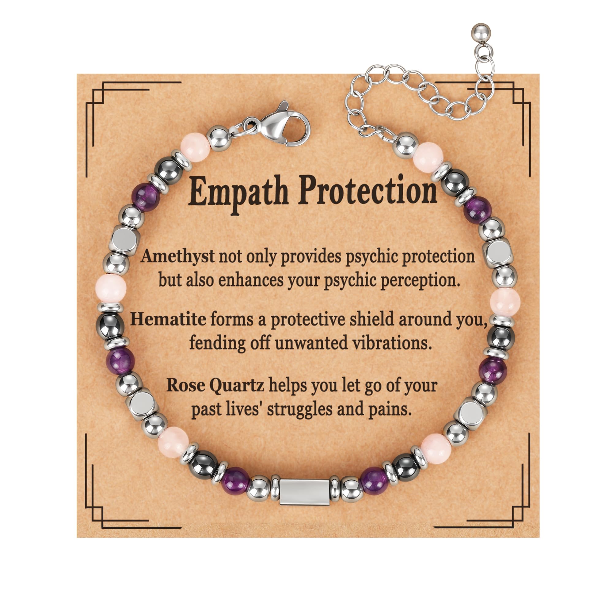 Natural Healing Crystal Bracelet for Women, Triple Protection Anxiety Relief New Beginnings Good Luck Empath Protection Jewelry Gift for Friends Daughter Mom 6.5+1.8 Inches