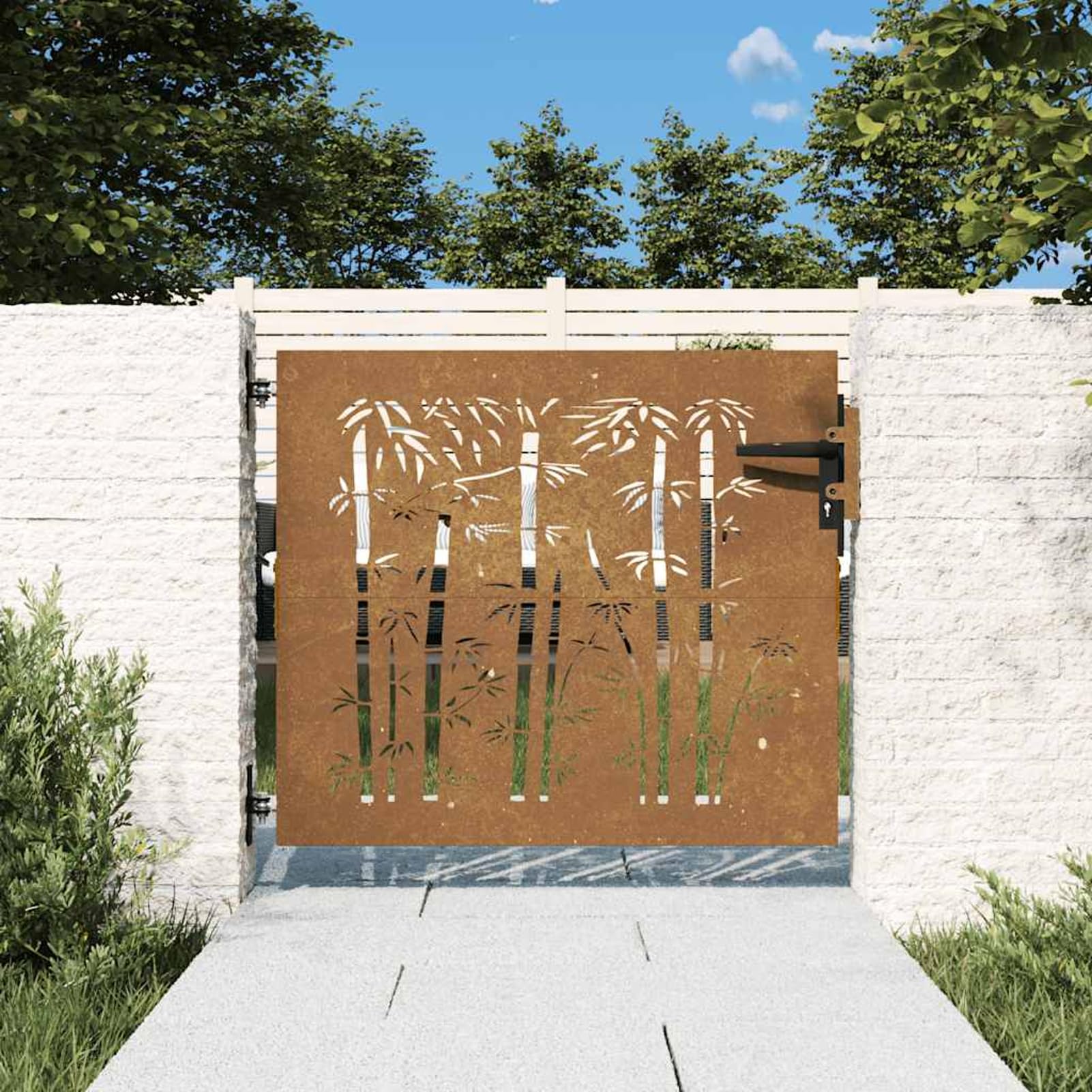 Cancello da giardino 85 x 75 cm, con motivo di bambù tagliato al laser, in acciaio Corten, resistente alla ruggine, pronto per il montaggio, per esterni