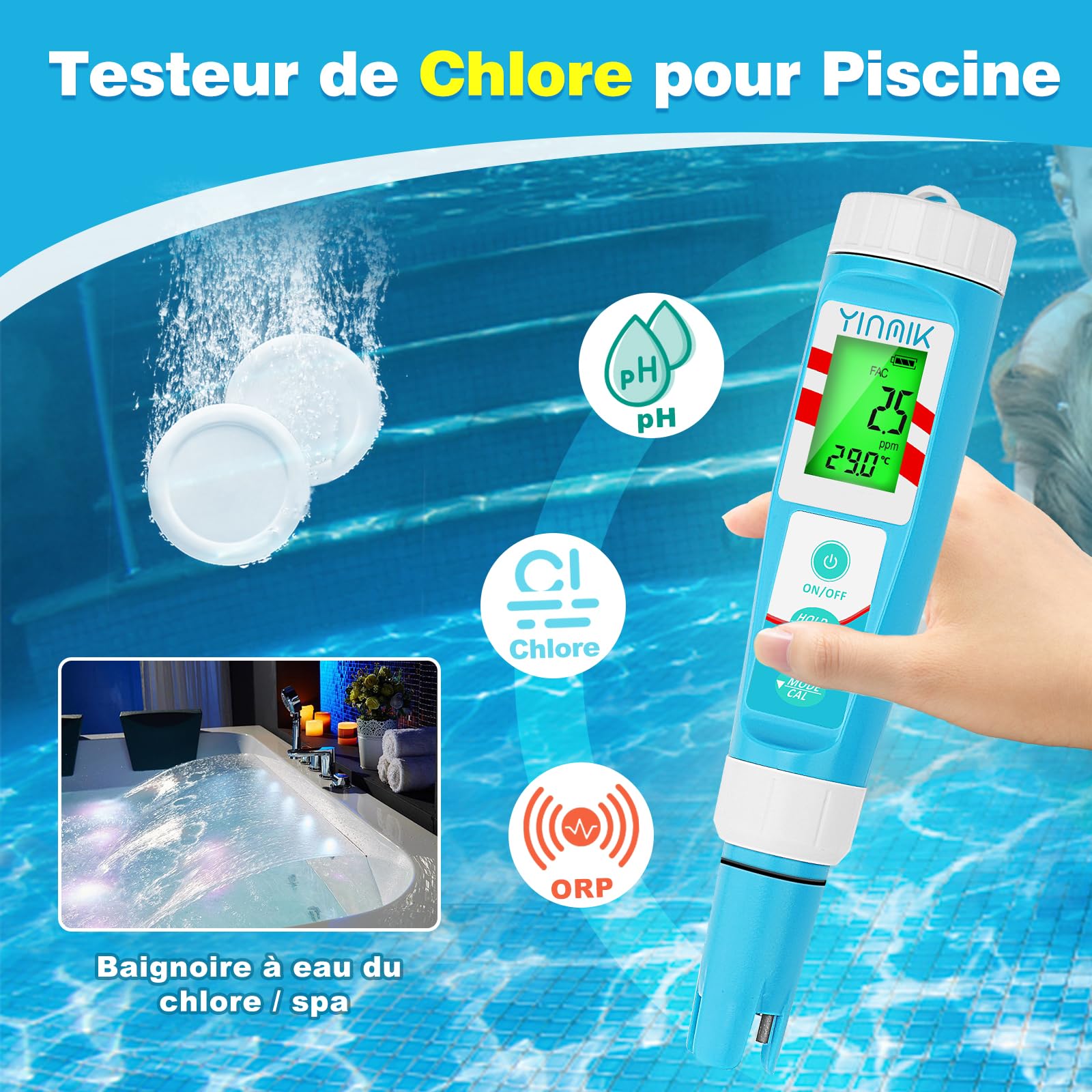 YINMIK pH et Sel Chlore Piscine Testeur,Testeur de Chlore, pH Mètre Numérique de Chlore Sel Testeur Testeur, pH Chlore TDS EC ORP Température, Chlore Sel Piscine pour, Sel Hot Tub Aquariums