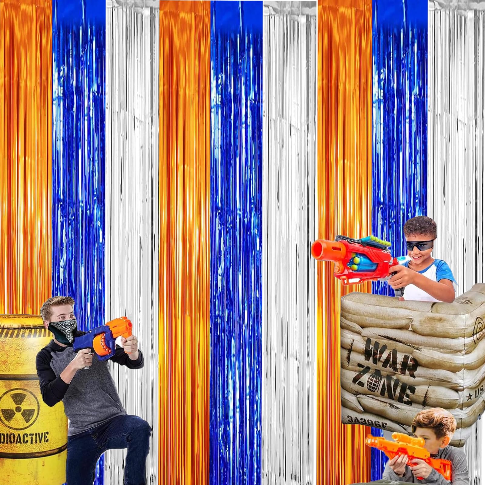 Dart War Party rekwizyty do fotobudki, tło, pomarańczowo-niebieskie, srebrne, foliowe zasłony z frędzlami na dart, wojnę w kosmos, dekoracje na przyjęcie urodzinowe, 3 szt., 3 x 6 m