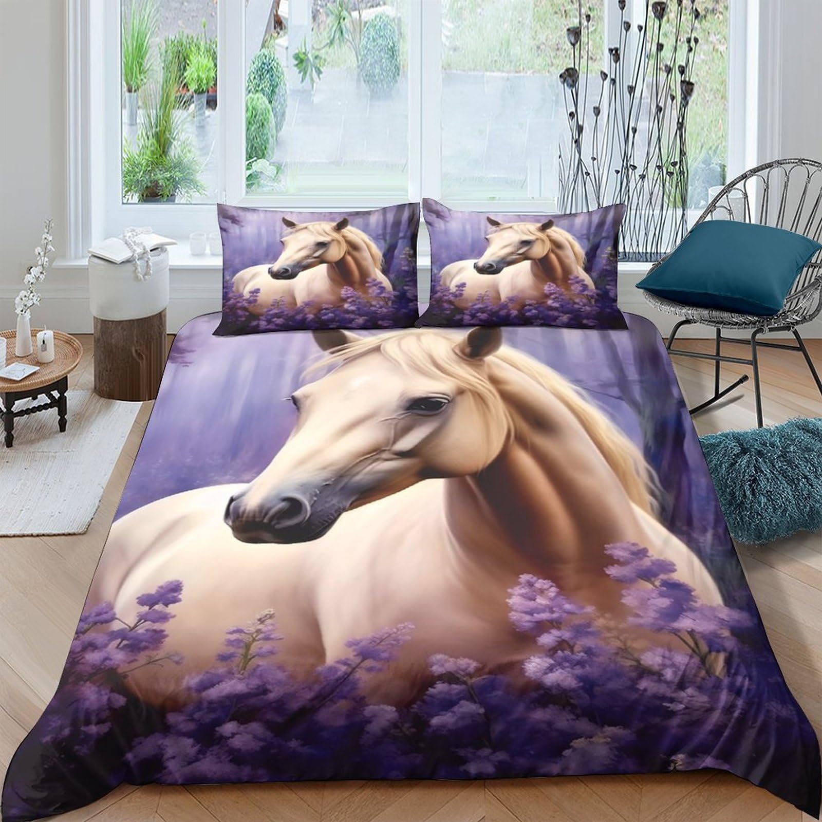 Ctjqhvkz Style-5 3D Printed Palomino Horse Fitted Sheet Microfiber Purple Floral Bed Cover For Bedroom Guest Room Dustproof Decor Single（135X200cm）