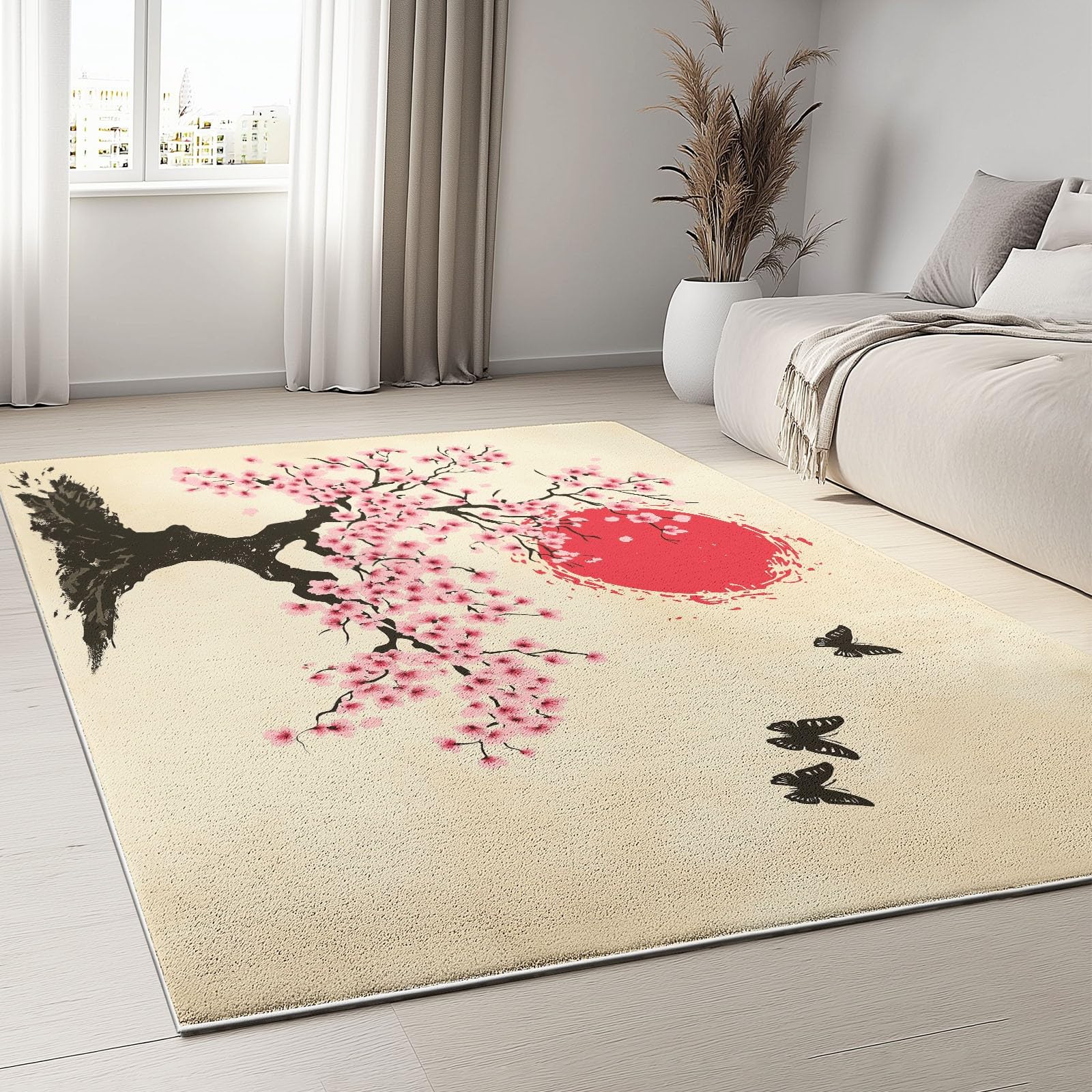 Tapis de chambre cerisier à fleurs beige : fini les glissades au réveil