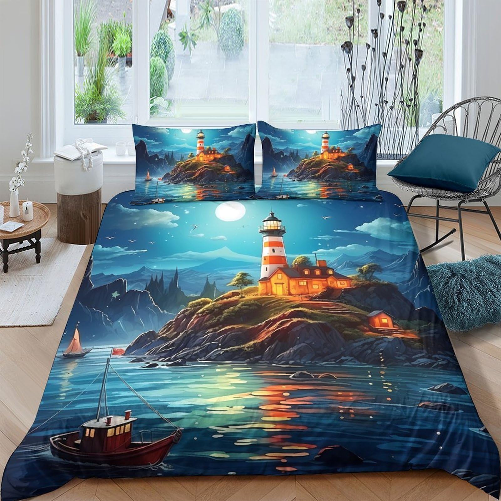 GPLZQXKJNH 3D Printed Lighthouse Ocean Duvet Cover Microfiber Soft Breathable Landscape Bedding Set with 2 Pillowcases for Bedroom Decor Single（135x200cm）