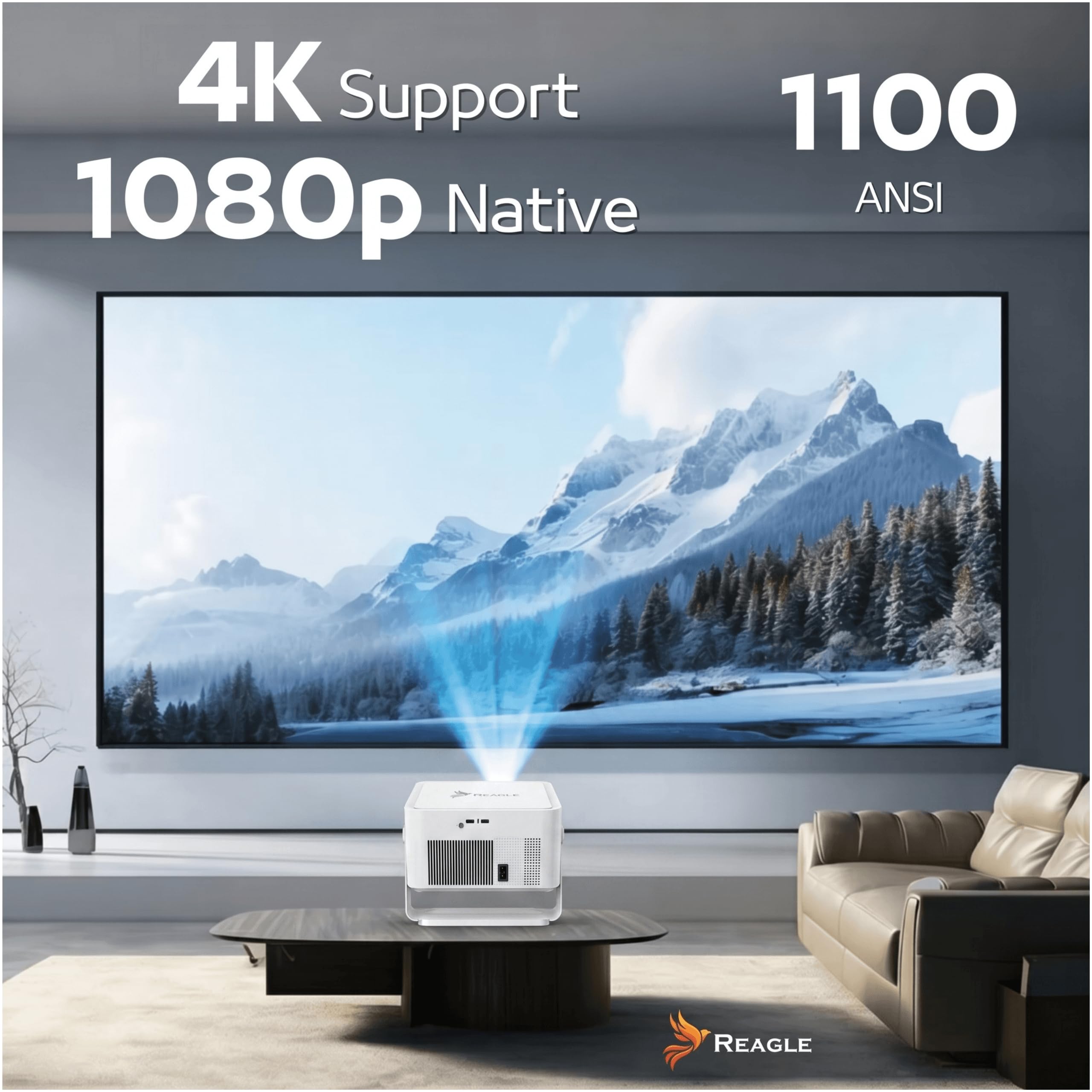 Reagle R-MOVIELUM-P60 Proiettore Smart Android 14 Full HD 1080p 4K Upscaling 1100 ANSI LED 140 Pollici WiFi 6 Bluetooth 5.4 Autofocus Keystone HDMI USB 180° Home Cinema