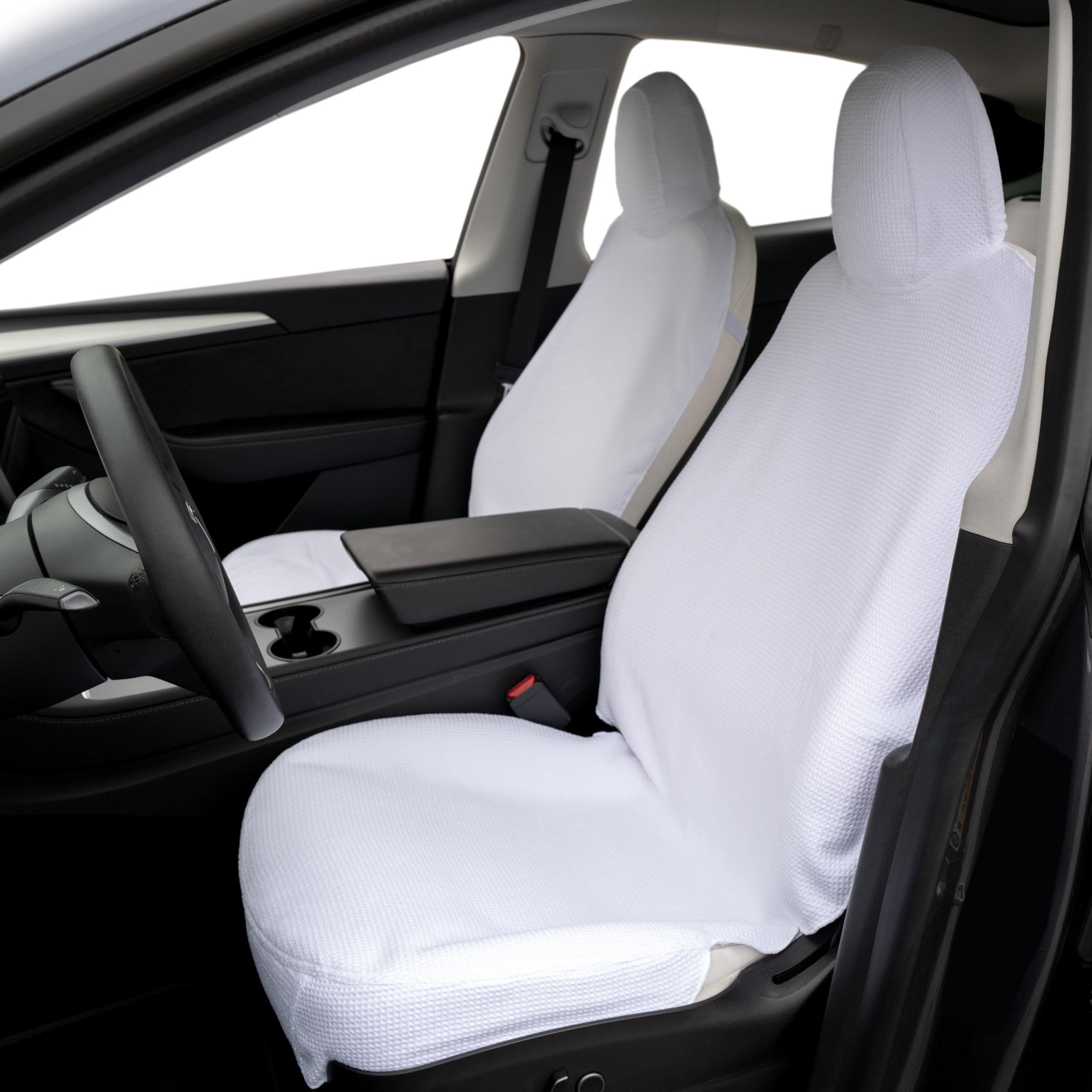 EVNV Tesla Model Y Seat Covers 2024 - Performance Towel Tesla Seat Covers Fit 2020-2024 Model Y, Sweat & Spill Protectors, 2 White Front Seat Covers