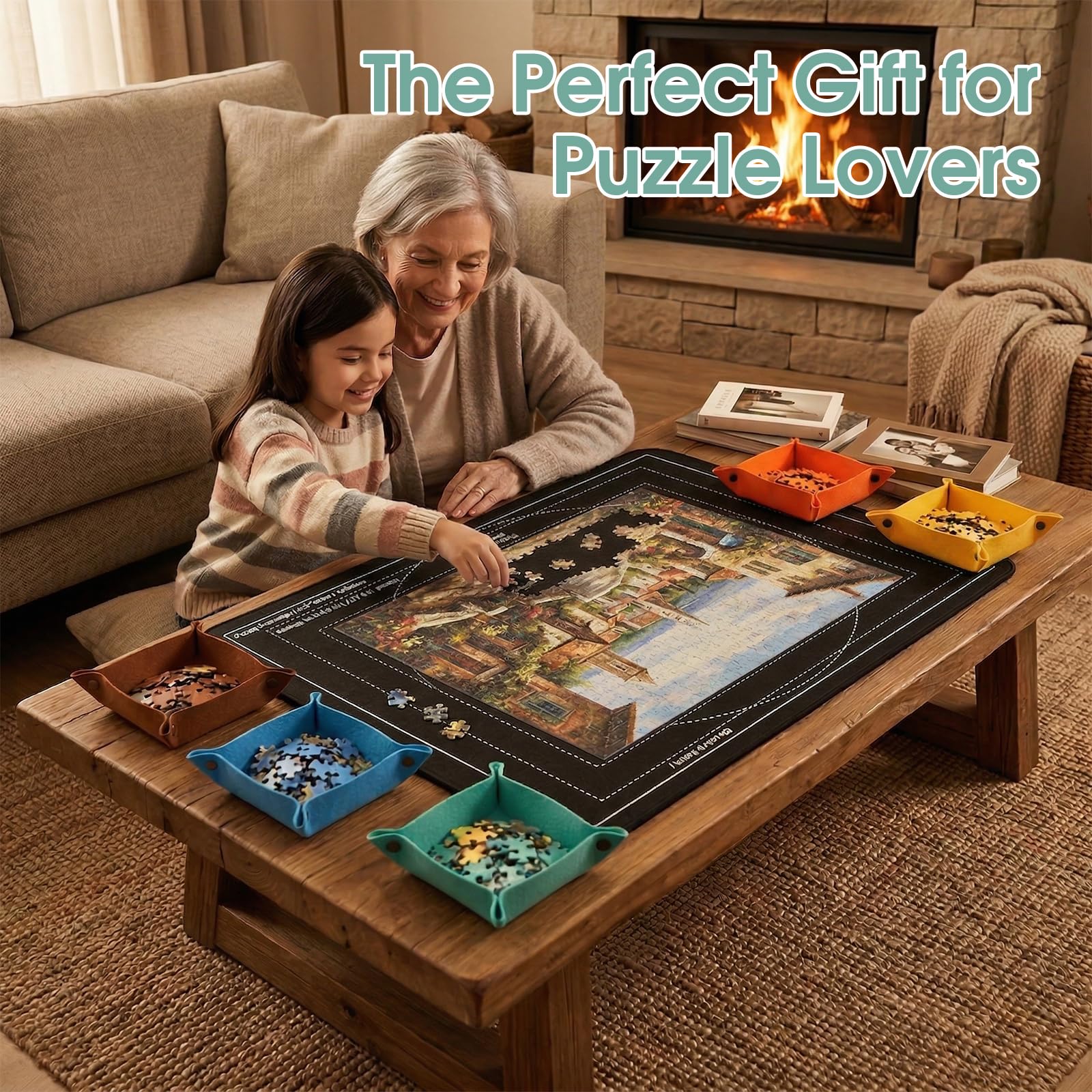 Plateau Puzzle 1000 Pièces avec Support Réglable Breveté à 5 Niveaux (33°, 31°, 28°, 23°, 17°), Planche Puzzles en Feutre avec 8 Trieurs et Couvercle, Antidérapante, Légère, Portable